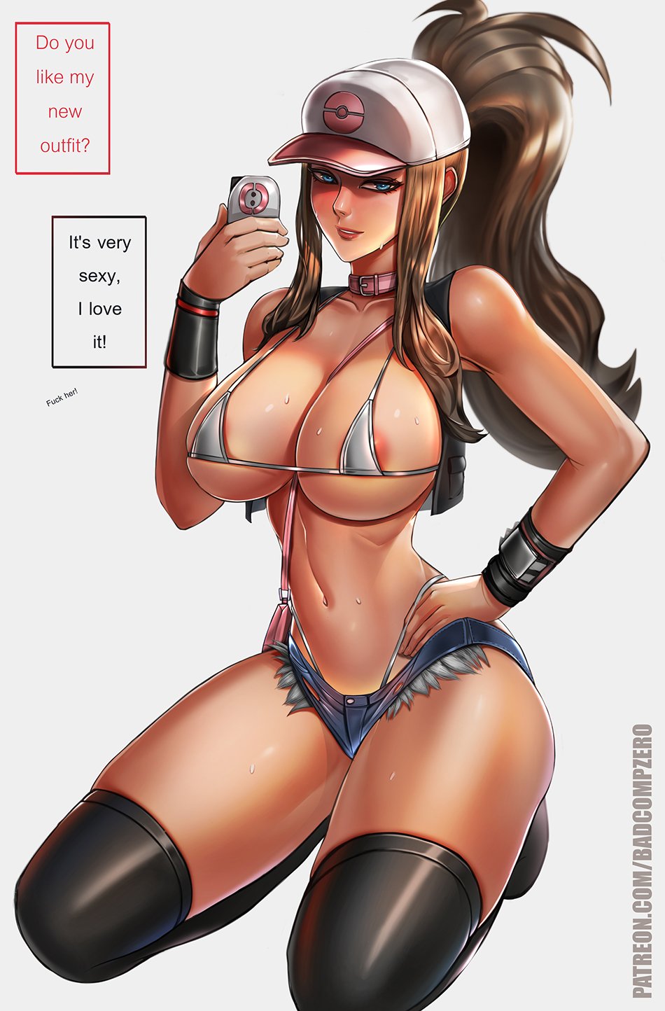 1girls, abs, alternate breast size, badcompzero, belt collar, big breasts, bikini, bikini top, blue eyes, blush, bra, breasts, brown hair, cleavage, collar, female, female only, half-closed eyes, hat, hilda (pokemon), holding, huge breasts, human, jacket, kneeling, large breasts, long hair, phone, pokemon, ponytail, selfie, short shorts, shorts, sideboob, smile, solo, text, thick thighs, thighhighs, underboob, url, watermark, wide hips