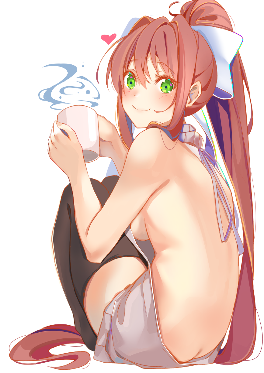 1girls ass ass_cleavage back backless_dress backless_outfit bare_back bare_shoulders black_legwear breasts brown_hair butt_crack coffee commentary cup cute doki_doki_literature_club drawstring dress english_commentary eyebrows_visible_through_hair female green_eyes hair_between_eyes hair_ribbon heart highres holding holding_cup human long_hair looking_at_viewer looking_back medium_breasts meme_attire monika_(doki_doki_literature_club) naked_sweater no_bra no_panties ponytail pov pov_eye_contact ribbon sideboob simple_background sitting sleeveless sleeveless_turtleneck smile solo steam sweater sweater_dress thick_thighs thighhighs thighs turtleneck very_long_hair virgin_killer_sweater white_background white_ribbon white_sweater wholesome xhunzei