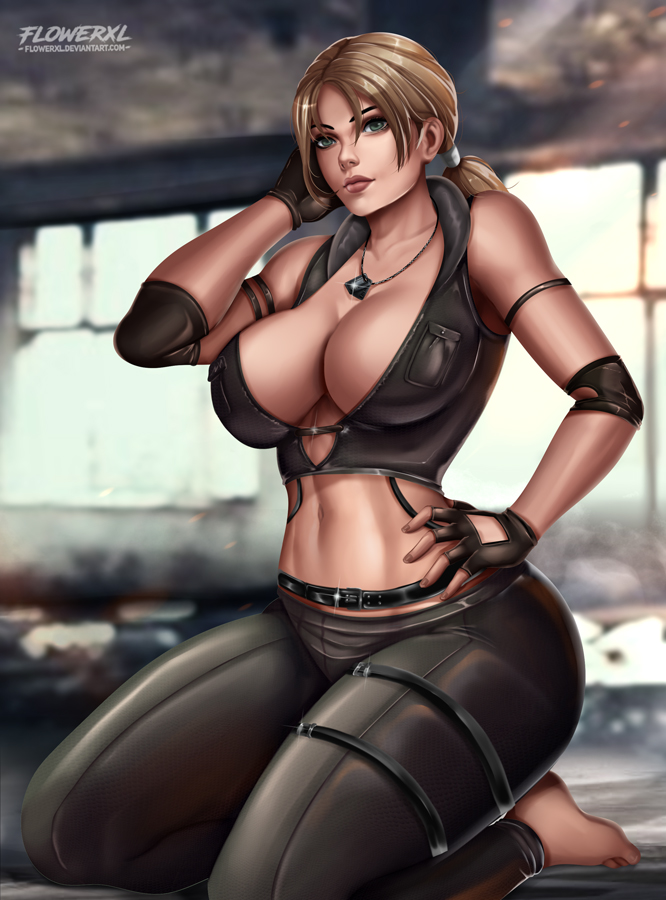 1girls, 2d, big breasts, breasts, cleavage, female, female only, flowerxl, large breasts, looking at viewer, mortal kombat, pinup, sitting on soles, solo, sonya blade