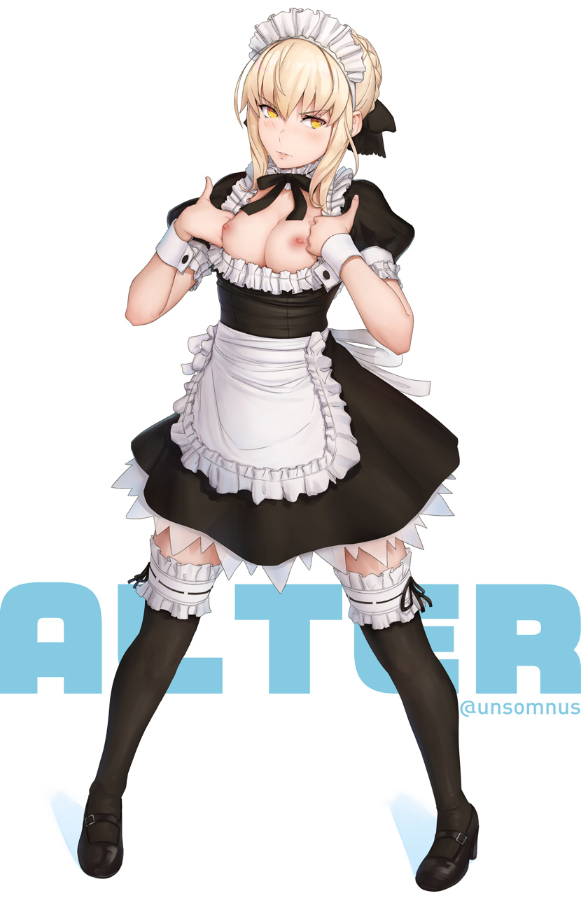 amber_eyes areolae artist_name artoria_pendragon artoria_pendragon_(alter) background_text blonde_hair breasts breasts_out fate/grand_order fate/stay_night fate_(series) female_only leggings looking_at_viewer maid maid_headdress maid_uniform medium_breasts nipples presenting presenting_breasts solo thighhighs unsomnus yellow_eyes