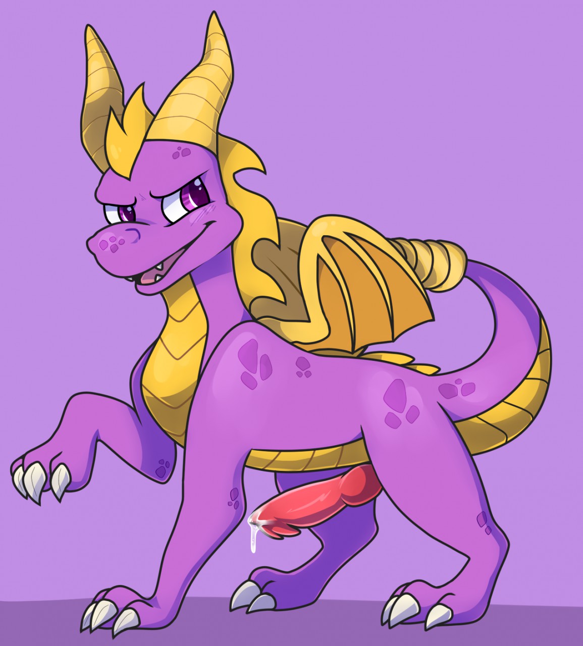 claws dragon erection hi_res horn male_only nasty-fox penis precum purple_eyes purple_scales scales simple_background spyro spyro_the_dragon video_games wings yellow_scales