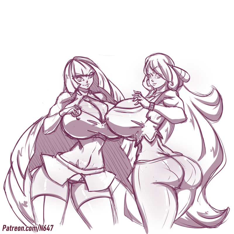 2girls, aether foundation, ass, big ass, big breasts, black and white, breasts, busty, clothes, cynthia (pokemon), female, huge ass, huge breasts, long hair, lusamine (pokemon), milf, monochrome, n647, nintendo, nipples visible through clothing, pokemon, pokemon dppt, pokemon sm, sketch, text, thick thighs, url, voluptuous, watermark, wide hips