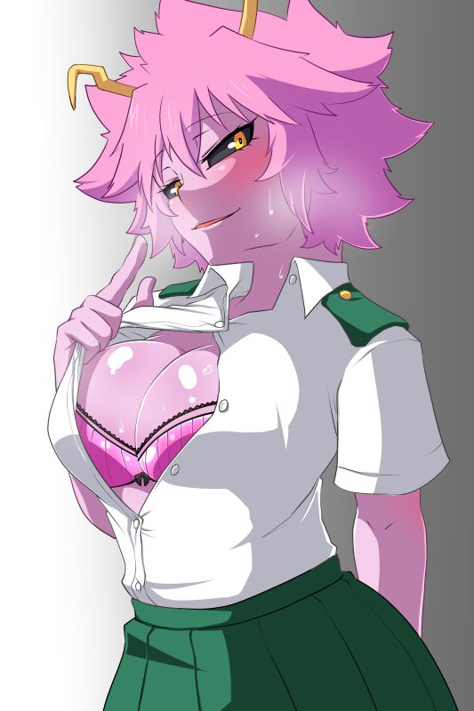 artist request, black sclera, blush, bra, breasts, cleavage, female, horny, large breasts, looking at viewer, mina ashido, my hero academia, pink bra, pink hair, pink skin, school uniform, seductive, solo, sweat