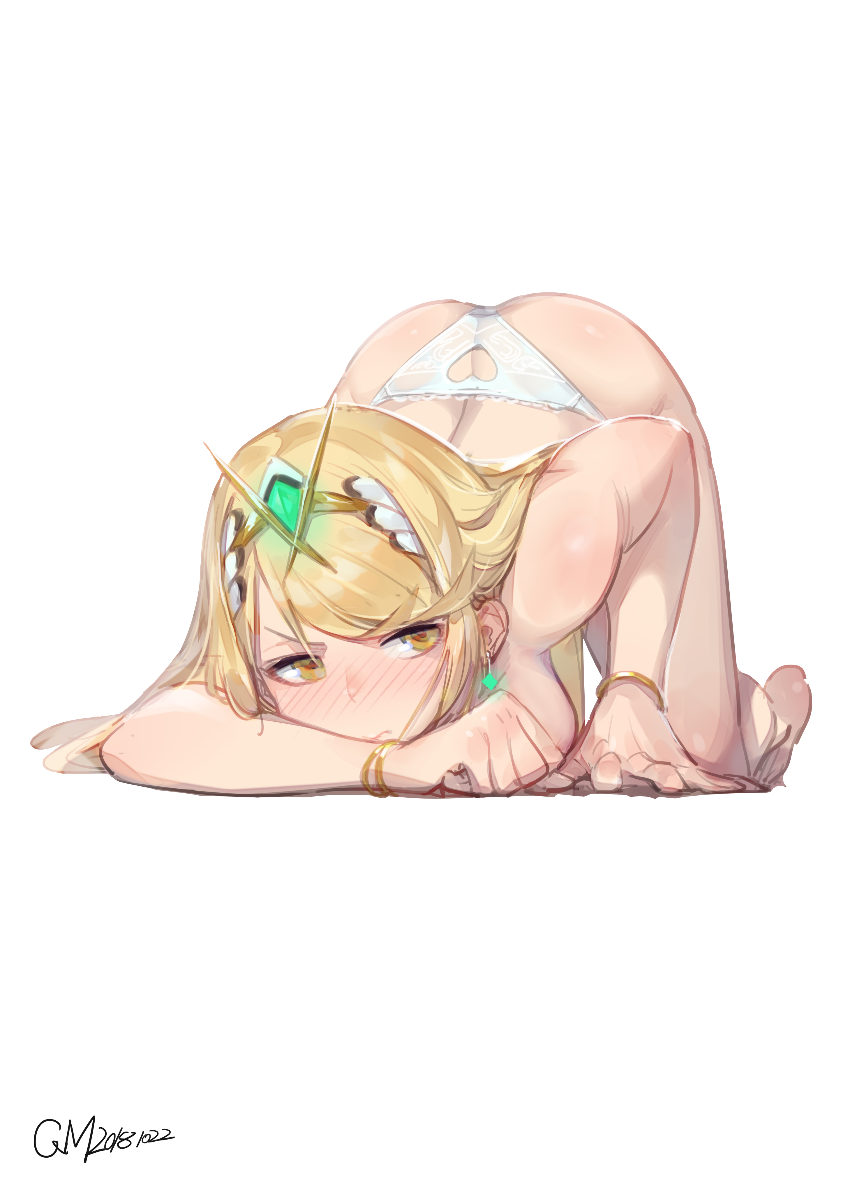 absurdres, ass, bangs, blonde hair, blush, breasts, closed mouth, commentary request, dated, female, full body, gorgeous mushroom, headpiece, heart cutout, highres, large breasts, long hair, looking at viewer, lying, mythra, nose blush, panties, revision, signature, simple background, solo, swept bangs, tiara, top-down bottom-up, topless, underwear, underwear only, white background, xenoblade (series), xenoblade chronicles 2, yellow eyes