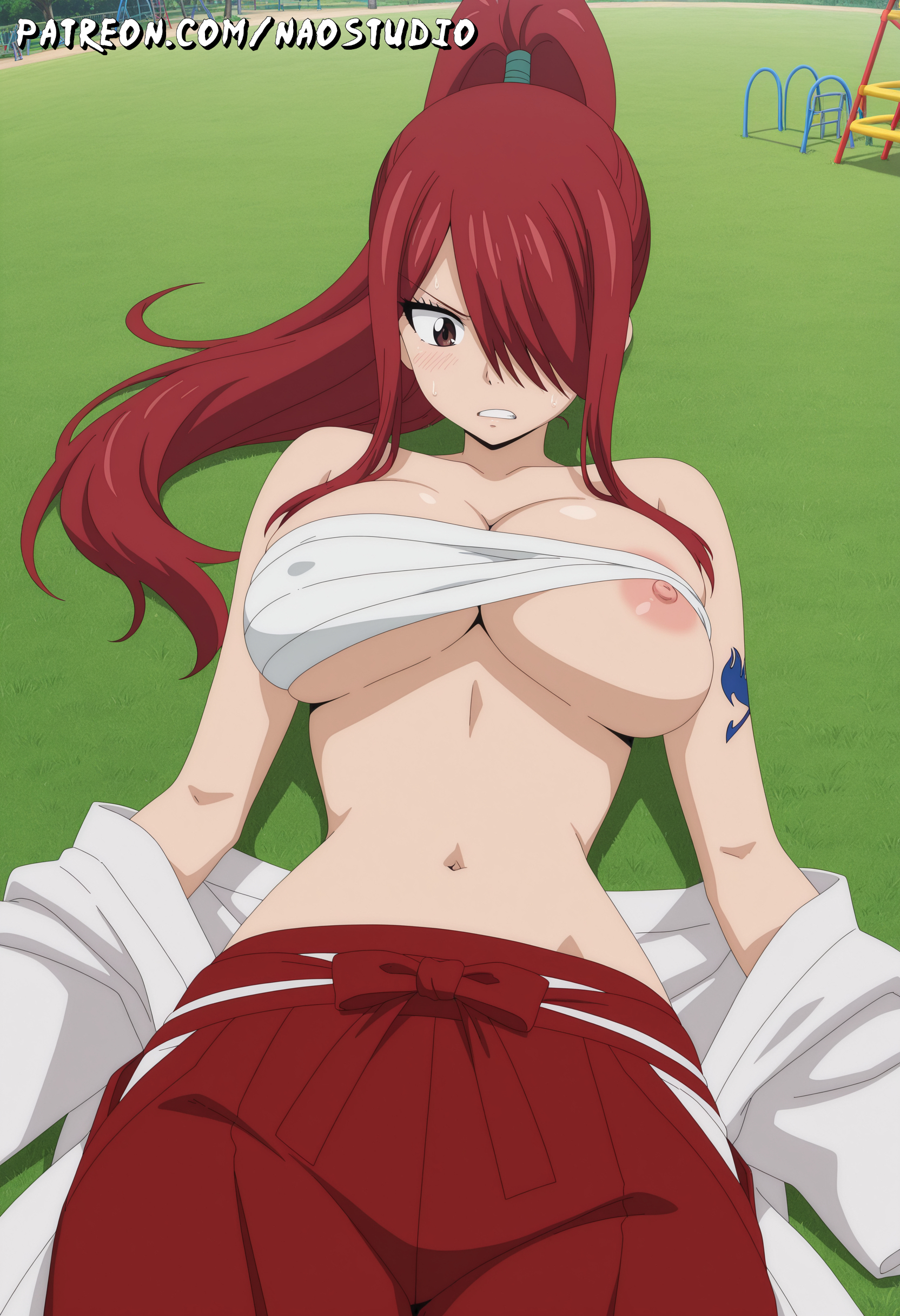 1girls, ai generated, arm tattoo, ass, big breasts, blue tattoo, breasts, erza scarlet, fairy tail, fairy tail mark, female, long hair, naked, naostudio, red hair, red-haired female, tattoo