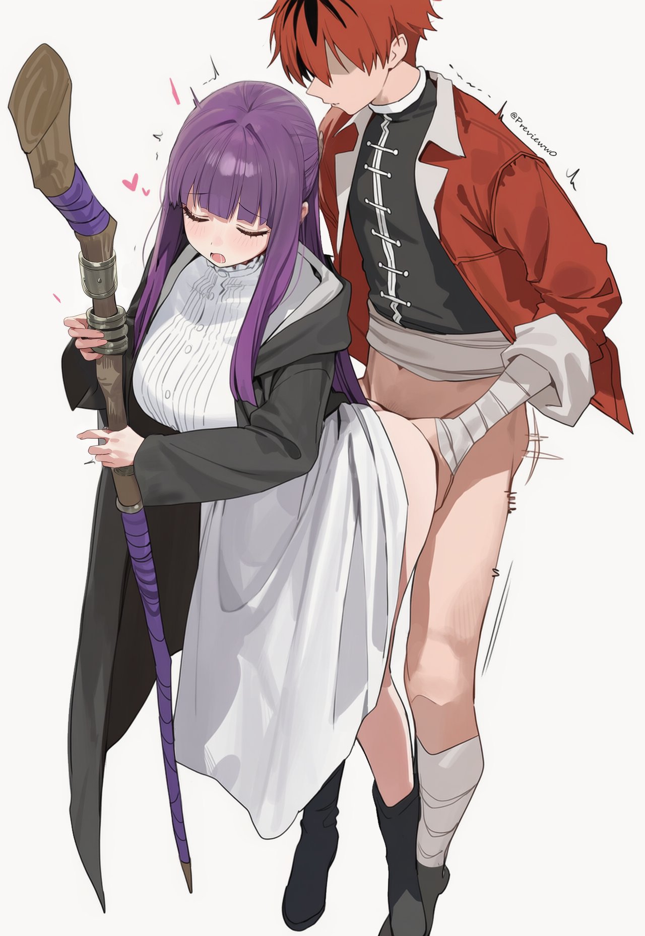 1boy, 1girls, big ass, big breasts, blush, bottomless, bottomless male, breasts, couple, dress, dress lift, drooling, female, fern (sousou no frieren), from behind, from behind position, heart, holding, holding staff, male, mostly clothed, preview (preview0), saliva trail, sousou no frieren, staff, standing sex, stark (sousou no frieren), thick thighs