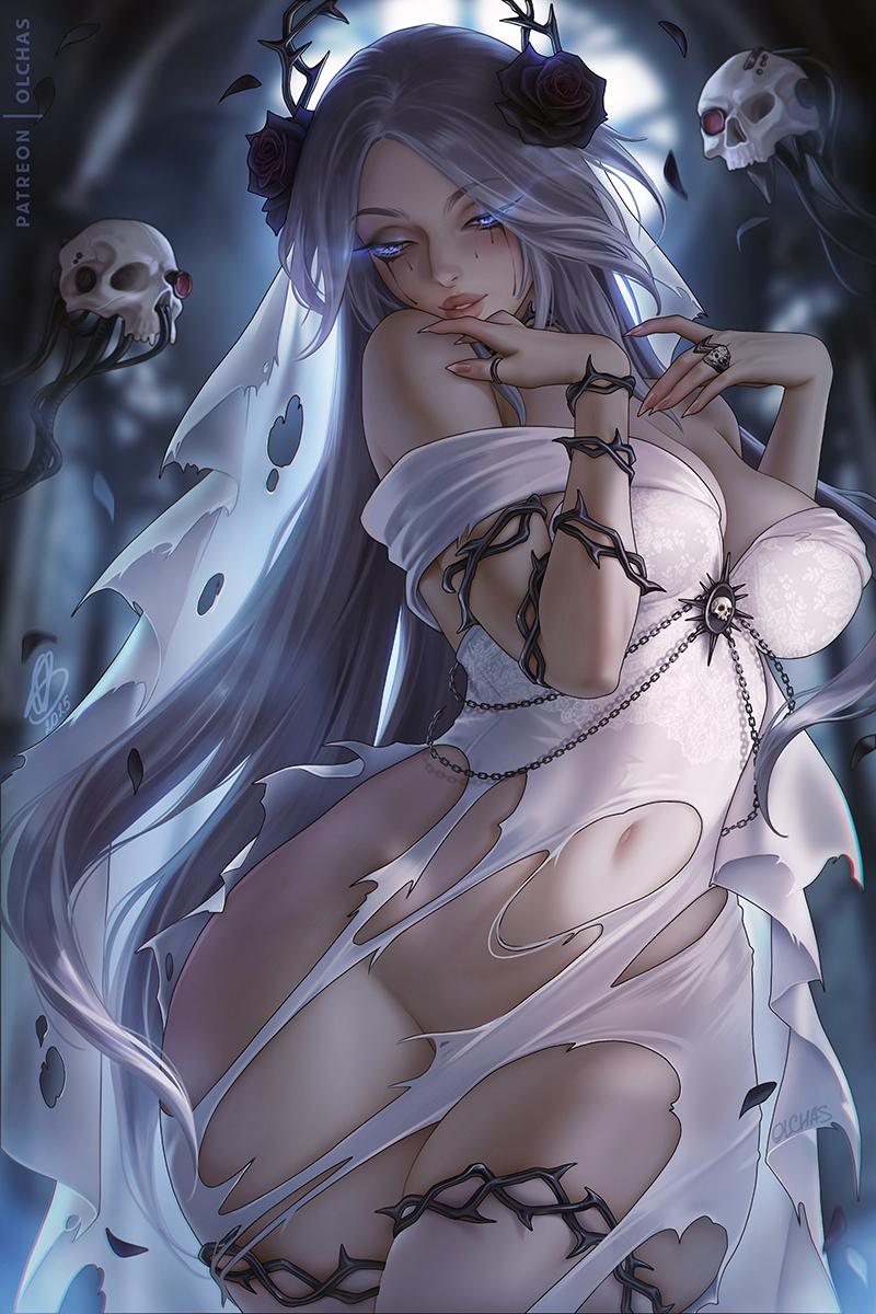 blue eyes, breasts, cleavage, dress, echo (olchas), female, female only, flower, glowing eyes, grey hair, large breasts, long hair, navel, olchas, original character, servo-skull, skull, smile, solo, stockings, thighhighs, thorns, torn clothes, warhammer (franchise), warhammer 40k, white dress
