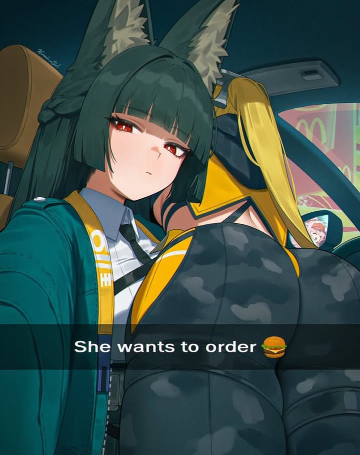 ai generated, ass, booty, breasts, camo print, cat ears, english text, female, furry ears, green hair, green jacket, hoshimi miyabi, in car, inside car, kawaii xgirl, mcdonald's, military clothing, mirror reflection, red eyes, she wants to order, side boob, snapchat filter, tie, tied hair, trigger (zenless zone zero), yellow hair, yellow jacket, zenless zone zero