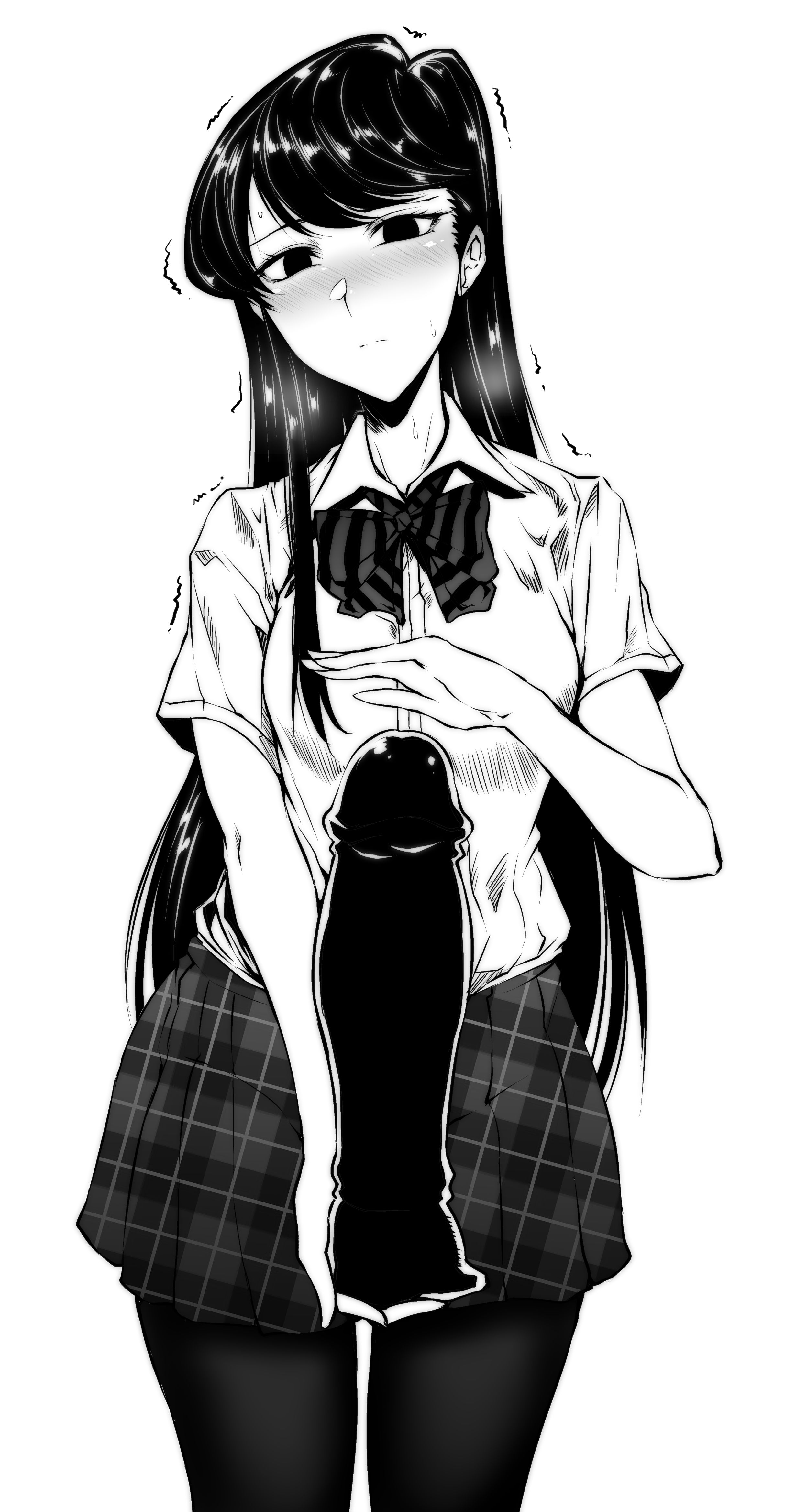 absurdres, black dildo, black eyes, black hair, blush, checkered, checkered skirt, collared shirt, dildo, female, gggg, greyscale, highres, holding dildo, komi shouko, komi-san wa komyushou desu, long hair, looking at viewer, monochrome, nose blush, pantyhose, pleated skirt, school uniform, shirt, short sleeves, simple background, skirt, solo, sweat, trembling, white background, white shirt