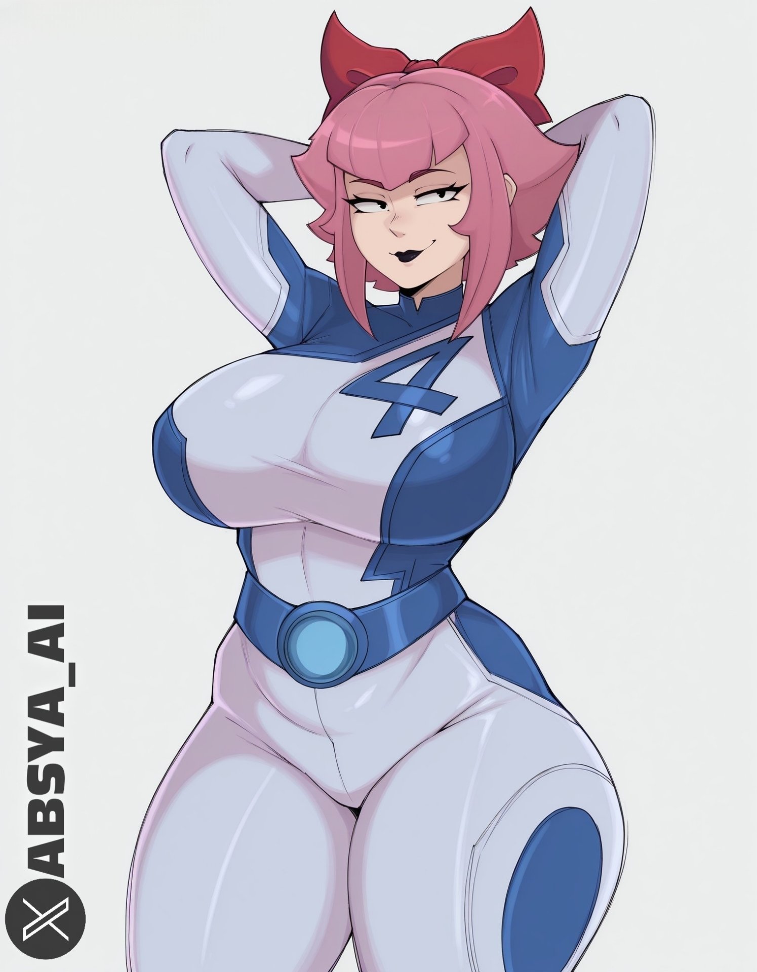 1girls, 2026, absya ai, ai generated, big breasts, black lipstick, bow, brawl stars, breasts, busty, clothed, clothed female, clothing, curvy, female, female focus, female only, hair bow, hands behind head, huge breasts, invisible woman, invisible woman (cosplay), invisible woman (marvel rivals), large breasts, light skin, light-skinned female, lipstick, looking away, marvel, marvel rivals, melodie (brawl stars), pink hair, short hair, slim waist, solo, solo female, solo focus, standing, sue storm, supercell, thicc, thick, thick thighs, voluptuous, wide hips