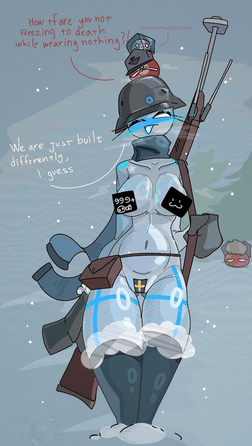 big breasts, breasts, censored nipples, censored pussy, countryhumans, countryhumans girl, female, finland (countryhumans), helmet, military, naked, pussy, snow, soviet union (countryhumans), third reich (countryhumans), we1rd dude, we1rd dude style