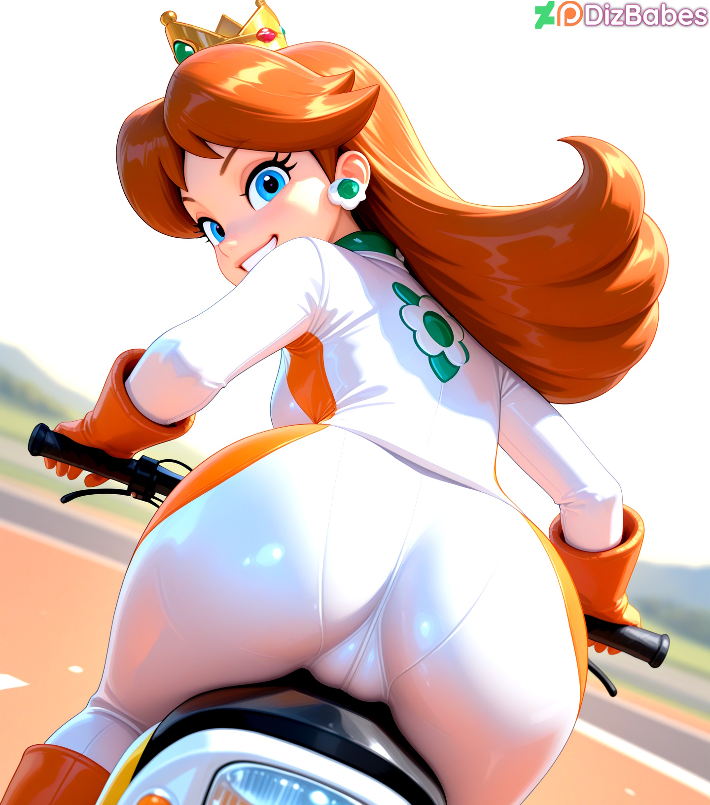 1girls, ai generated, ass focus, back view, blue eyes, bodysuit, boots, crown, diagonal angle, dizbabes, dutch angle, earrings, female, female only, gloves, head tilt, long hair, looking at viewer, looking back, mario (series), mario kart, motorcycle, nintendo, orange gloves, orange hair, parted bangs, princess daisy, princess daisy (aero), rear view, skin tight, smile, smiling at viewer, solo female, stable diffusion, video game character, video games