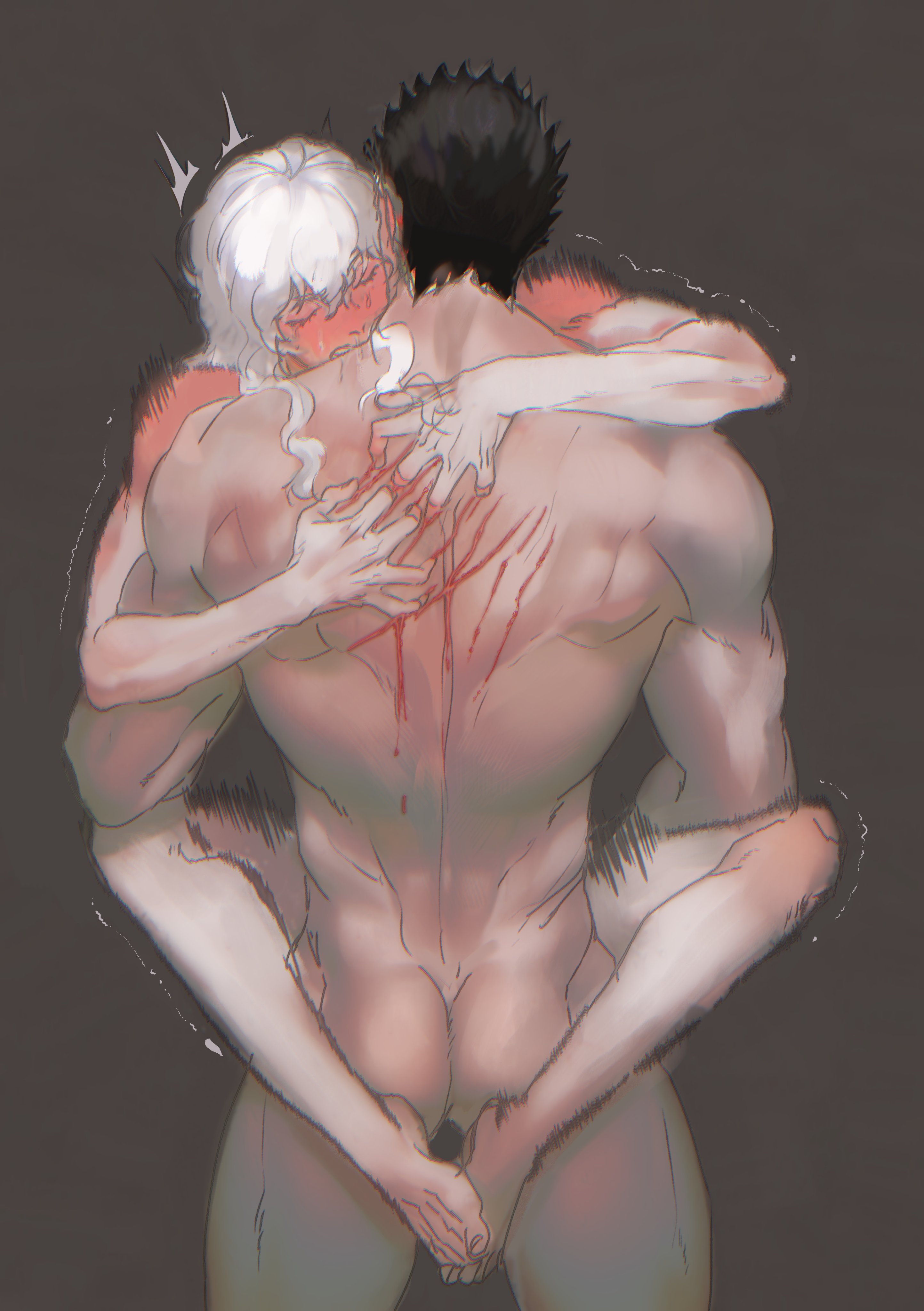 2boys, arms around neck, arms around partner, berserk, bigger male, biting neck, black hair, bleeding, blood, blood sundae, blush, blushing, blushing profusely, carrying, carrying partner, color, colored, gay, gay sex, griffith, guts, guts (berserk), impact lines, implied anal, implied penetration, leg lock, leglock, light skin, light-skinned male, long hair, male, male only, male/male, motion lines, muscular, muscular male, scratch marks, scratches, scratching, short hair, size difference, smaller male, stand and carry position, standing, standing missionary, standing sex, tears of pleasure, twink, white hair, yaoi