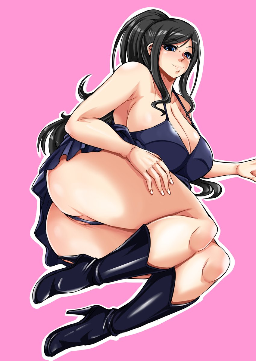 artist request, ass, bare arms, bare shoulders, black hair, blue eyes, blush, boots, breasts, dress, dressrosa, female, female only, full body, heels, highres, huge ass, huge breasts, large breasts, legs, long hair, looking at viewer, lying, nail polish, nico robin, one piece, pink background, ponytail, pussy, simple background, smile, solo, tagme, tied hair, white nails, wide hips