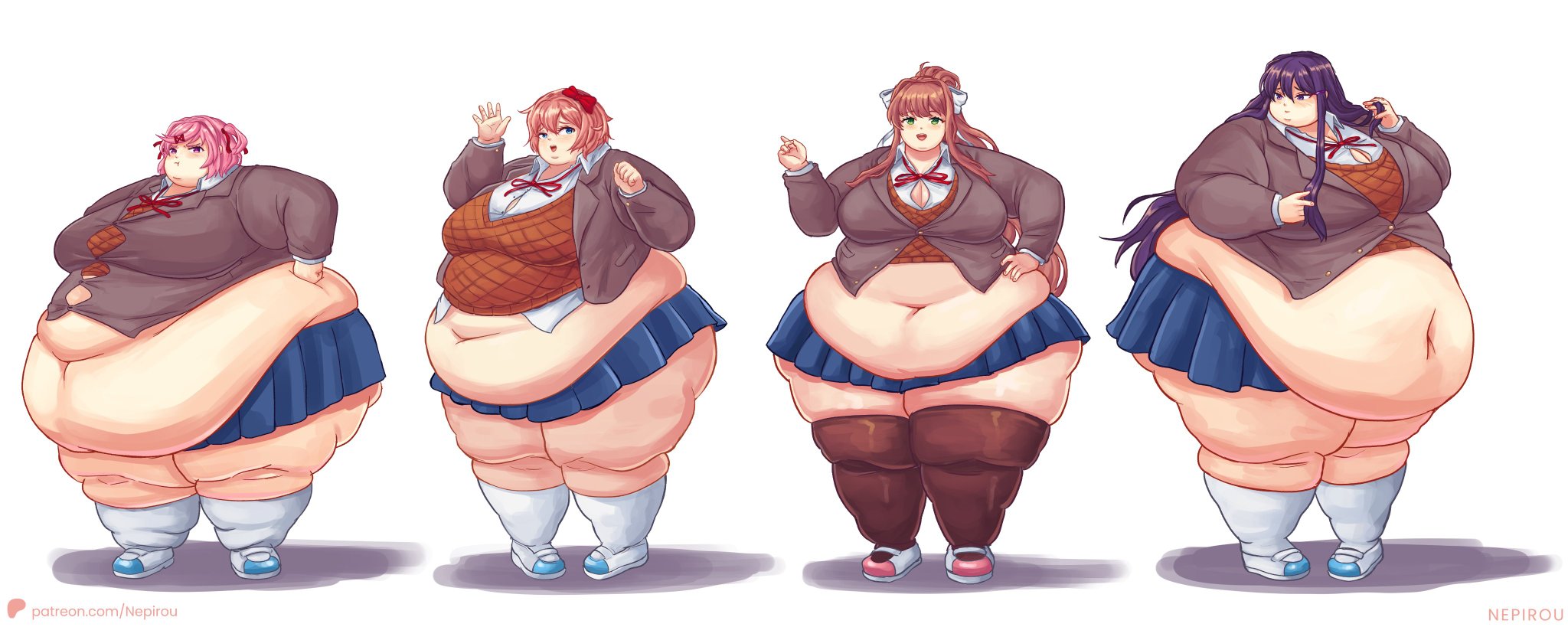2025, 4girls, artist signature, belly overhang, big belly, blue eyes, brown hair, button down shirt, cleavage, doki doki literature club, double chin, fat, fat female, fat thighs, female, female only, green eyes, hair bow, huge belly, kneehighs, lineup, long hair, looking at viewer, monika (doki doki literature club), morbidly obese, muffin top, multiple females, multiple girls, natsuki (doki doki literature club), navel, nepirou, obese, obese female, overweight, overweight female, pink eyes, pink hair, pleated skirt, pout, purple eyes, purple hair, sayori (doki doki literature club), school uniform, schoolgirl, serafuku, short hair, shy, skirt, ssbbw, standing, thighhighs, waving, waving at viewer, white background, yuri (doki doki literature club)