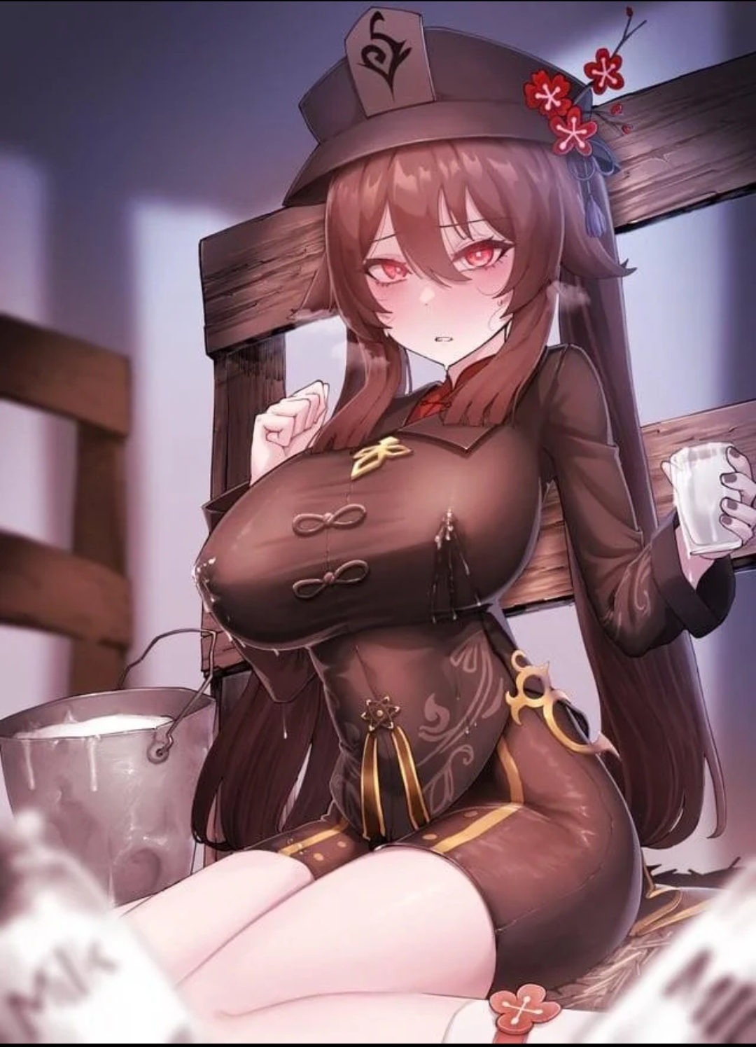 ai generated, breasts, cum, genshin impact, horori (halloweenday309), hu tao (genshin impact), legs, legs together, milk, pussy, sex