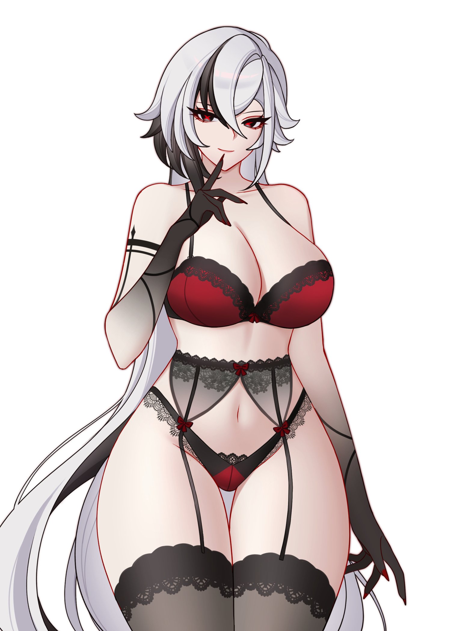 1girls, 2025, arlecchino (genshin impact), big breasts, black hair, black legwear, black thighhighs, bra, breasts, charlie purrito, clothing, female, female only, genshin impact, hi res, hoyoverse, legs together, light skin, light-skinned female, long hair, matching underwear, mihoyo, multicolored hair, panties, red bra, red eyes, red panties, simple background, smile, solo, stomach, thick thighs, thighhighs, thighs, two-tone hair, underwear, white background, white hair, white skin, wide hips