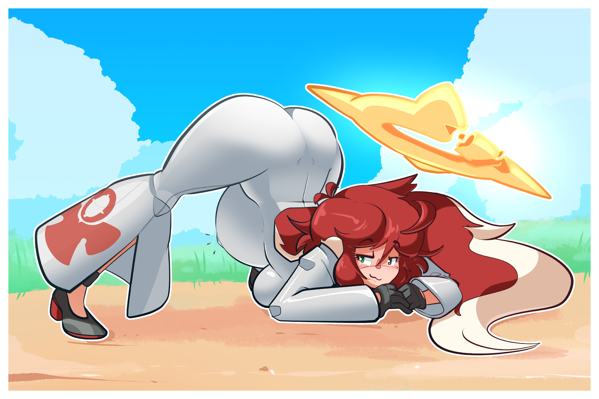 alternate version available, ankh, baby bump, banjacksshool, beach, black heels, female, green eyes, guilty gear, guilty gear strive, halo, heels, high heels, huge ass, jack-o pose, jack-o' valentine, jumpsuit, pregnant, pregnant female, red hair, smile, thick thighs, white hair, white highlights