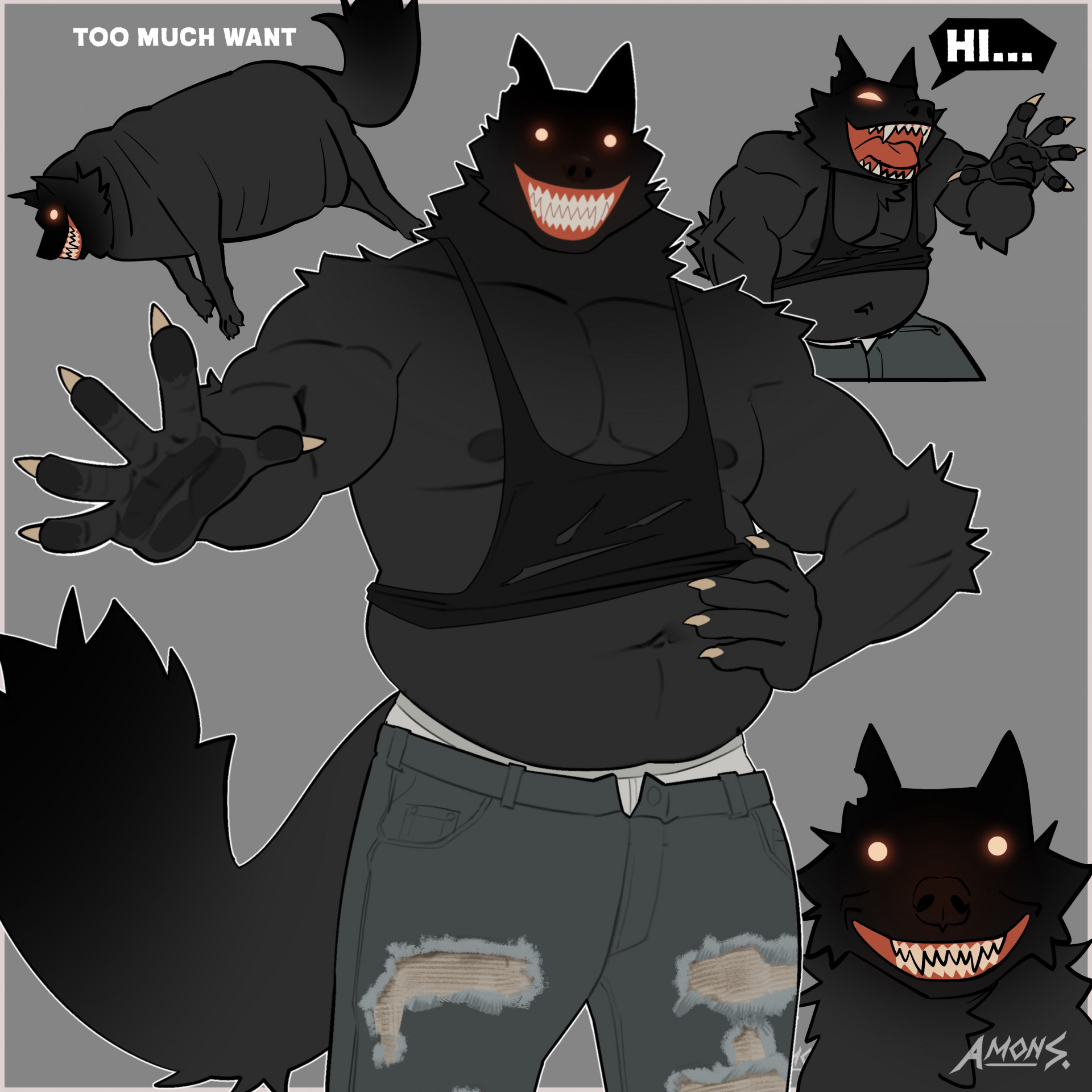 1boy, amon-sydonai, bara, belly, black fur, buff, character sheet, chubby, chubby male, creepy, creepy smile, creepypasta, cute, funny, furry, furry male, gay, gay male, himbo, humor, idk what to tag it, male, meme, muscular, muscular male, pecs, reese (amon-sydonai), scary, scary face, yaoi