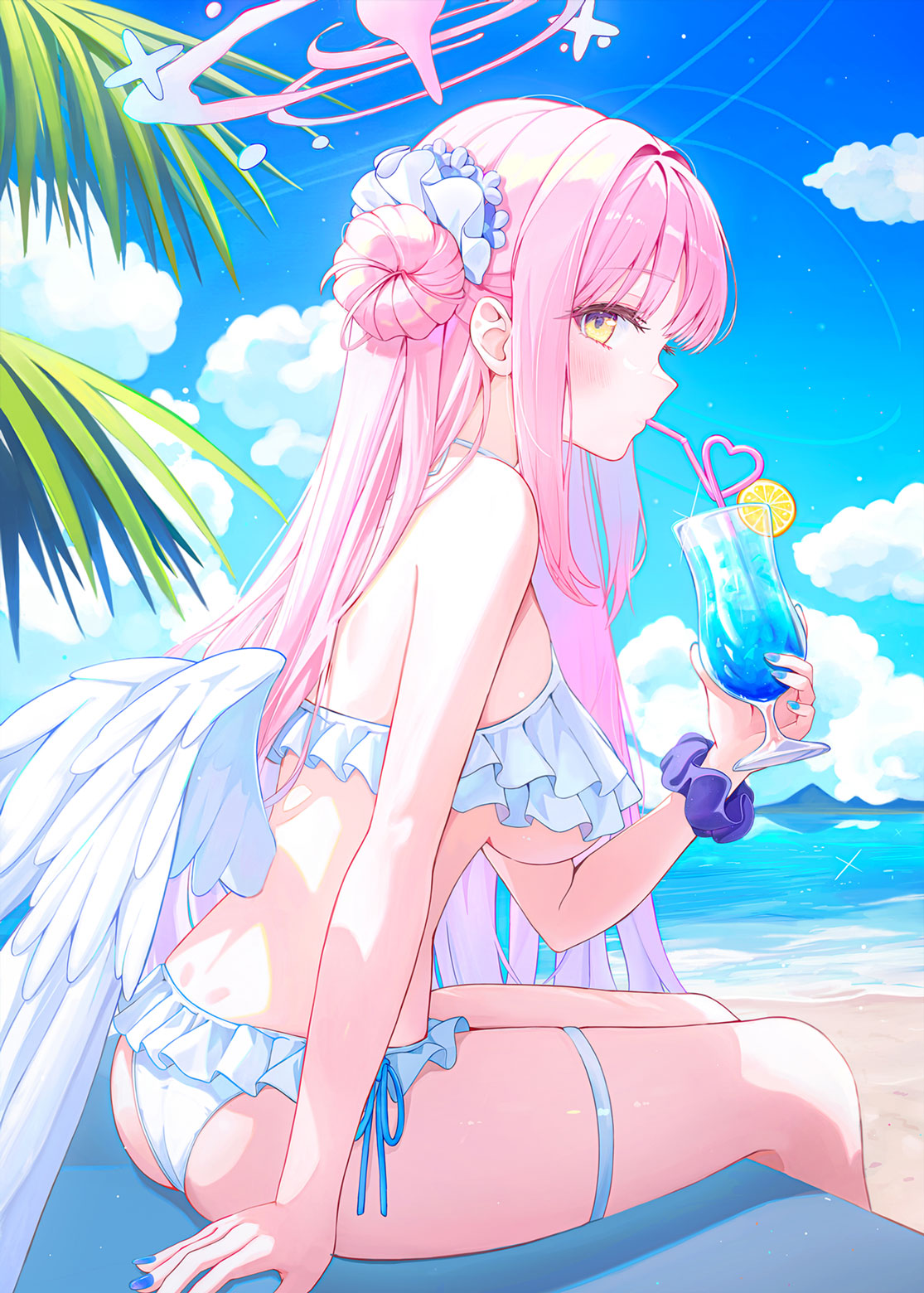 alternate costume, angel wings, ass, bare legs, bare shoulders, beach, bikini, blue archive, blue nails, blue sky, blush, bracelet, breasts, cloud, cloudy sky, commentary, crazy straw, cup, day, drinking straw, feathered wings, female, flower, frilled bikini, frills, from side, funii, hair bun, hair flower, hair ornament, hair scrunchie, halo, heart, heart straw, highres, holding, holding cup, jewelry, large breasts, long hair, looking at viewer, low wings, mika (blue archive), ocean, outdoors, pink hair, pink halo, profile, purple scrunchie, scrunchie, sidelocks, sideways glance, sitting, sky, solo, stomach, summer, swimsuit, thigh strap, thighs, underboob, very long hair, water, white bikini, white scrunchie, wings, wrist scrunchie, yellow eyes