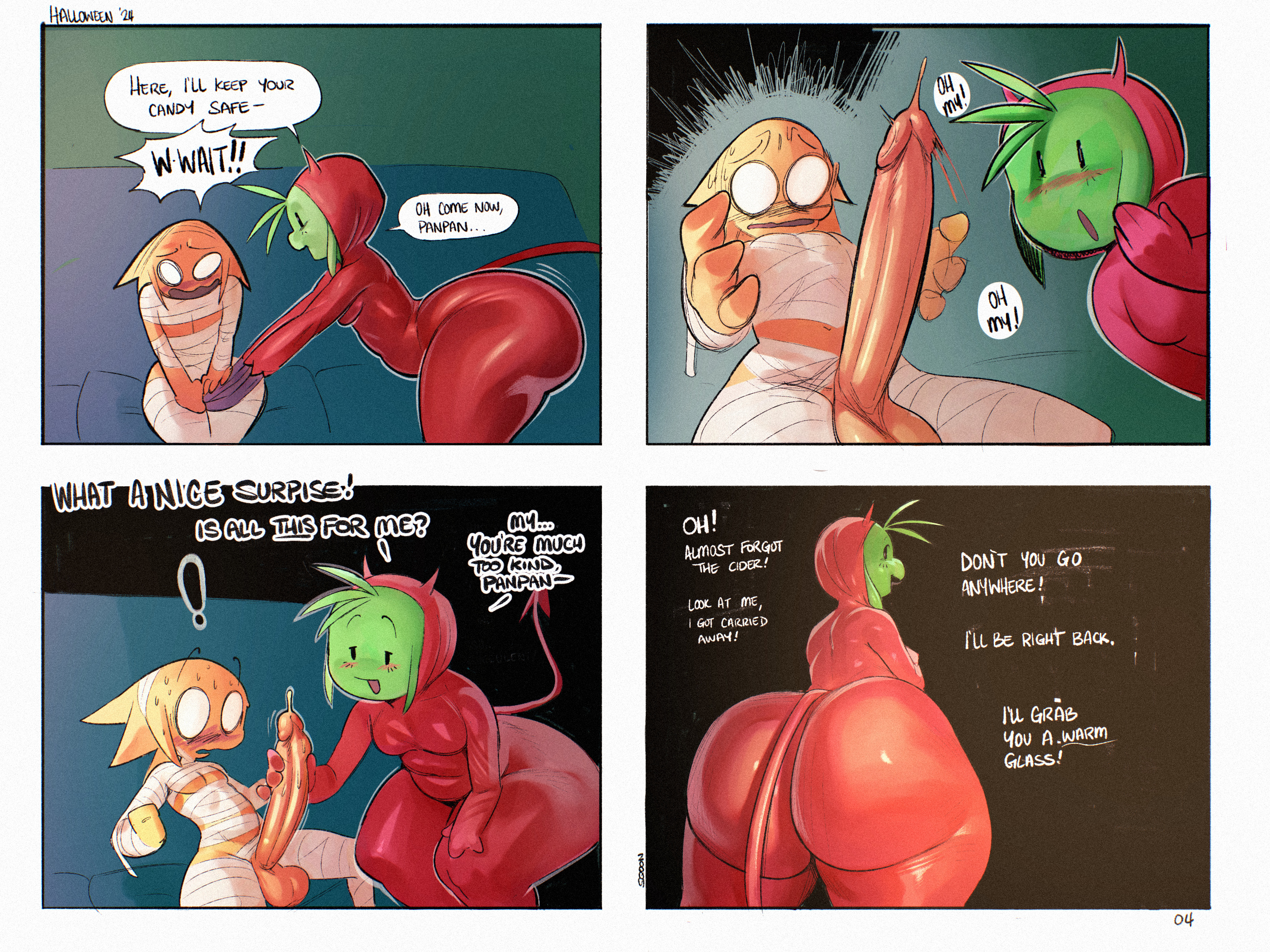 2024, 2025, 2boys, 2males, age difference, alien, ass, big ass, big ass (male), big butt, chubby femboy, chubby male, cock, colored, comic, costume, devil costume, dialogue, dick, erection, femboy, gay, halloween, handjob, huge ass, huge butt, jay (sqoon), male, male on femboy, male/male, mummy costume, mummy wrappings, ongoing, panpan, penis, penis touching, precum, puwa, sqoon, touching cock, touching penis, wide hips
