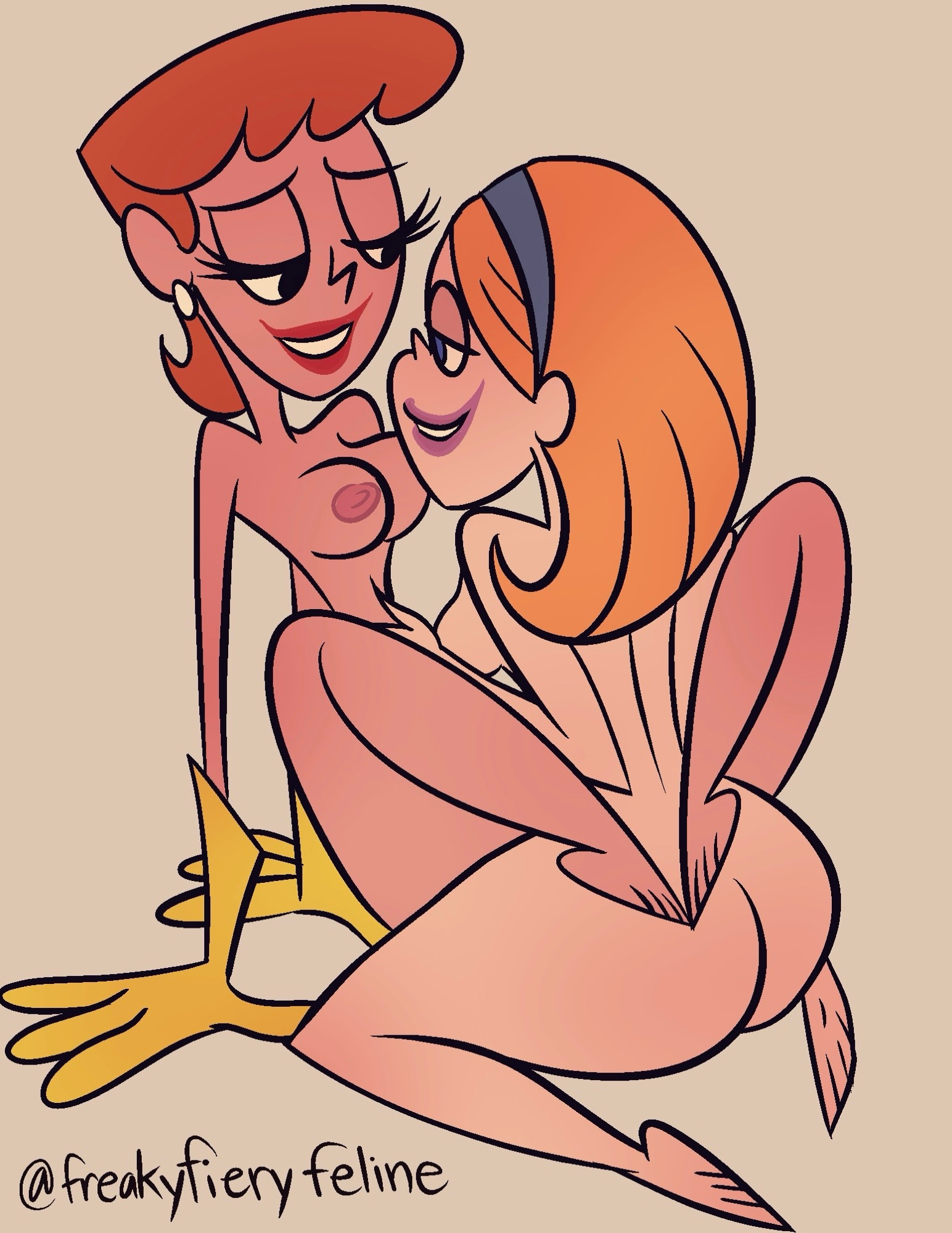 2girls, ass, breasts, dexter's laboratory, dexter's mom, female, freakyfieryfeline, gloves, latex, latex gloves, lisa the babysitter, nude, tagme, yellow gloves, yuri