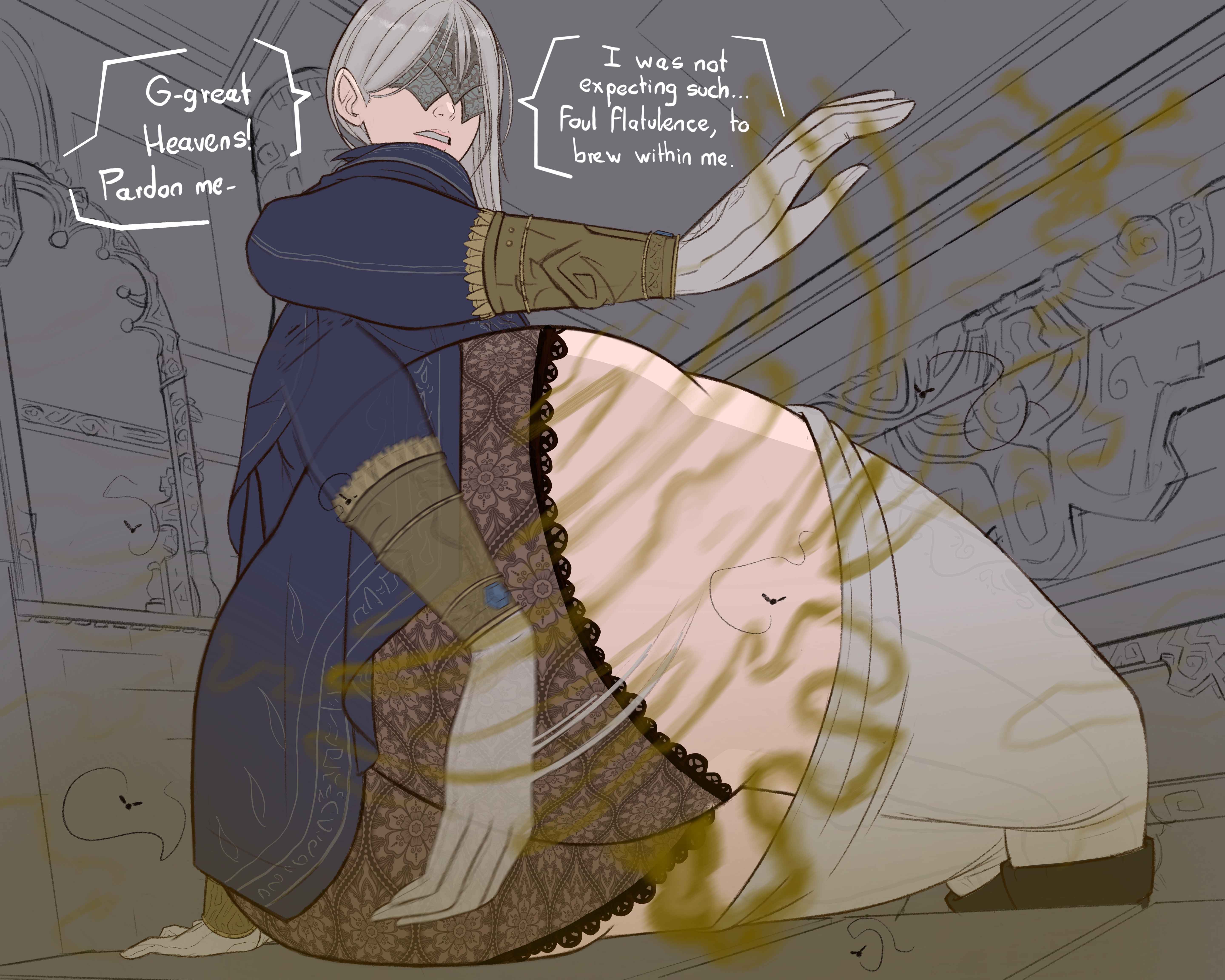1girls, aristocrat, artist request, ass, ass bigger than head, ass focus, dialogue, duchess, duchess (nightreign), elden ring, elden ring nightreign, fanning self, fart, fart cloud, fart fetish, farting, female, flies for smell, fromsoftware, hand fan, lace panties, lace-trimmed panties, noblewoman, panties, pants down, pants pulled down, smelly ass, smelly butt, solo, stinky ass, stinky butt