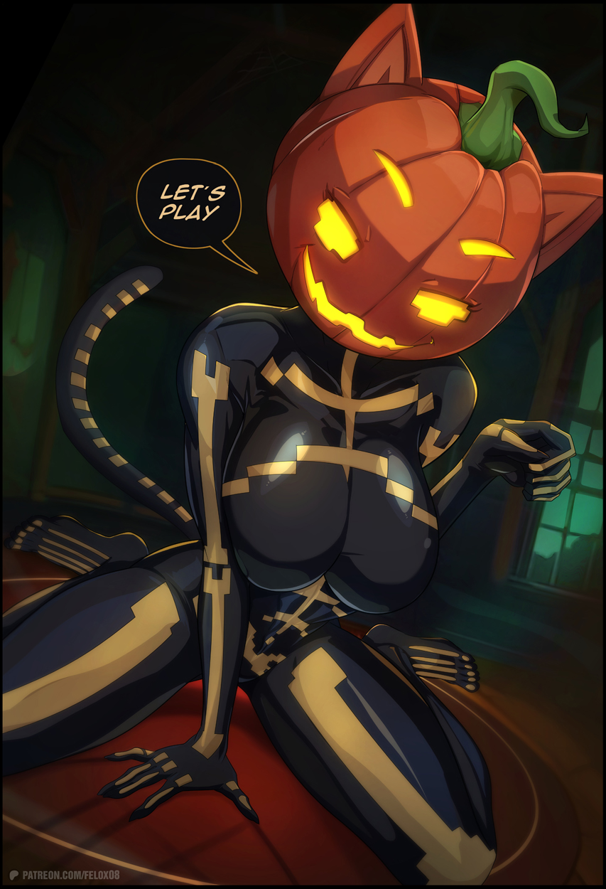 big breasts, breasts, dialogue, domestic cat, dominant, dominant female, feet, felid, feline, felis, felox08, female, food, for a head, fortnite, fortnite: battle royale, fruit, glowing, glowing eyes, glowing mouth, hi res, huge breasts, mammal, object head, plant, pumpkin, pumpkin head, sitting, solo, speech bubble, spice (fortnite), tail