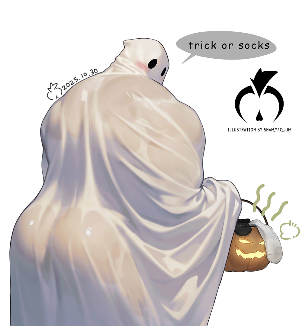 1boy, ass, bara, big ass, big butt, bubble ass, bubble butt, gay, ghost, ghost costume, halloween, huge ass, huge butt, low res, male, male only, pumpkin, round ass, round butt, shan yao jun, solo, thick ass, thick butt, yaoi