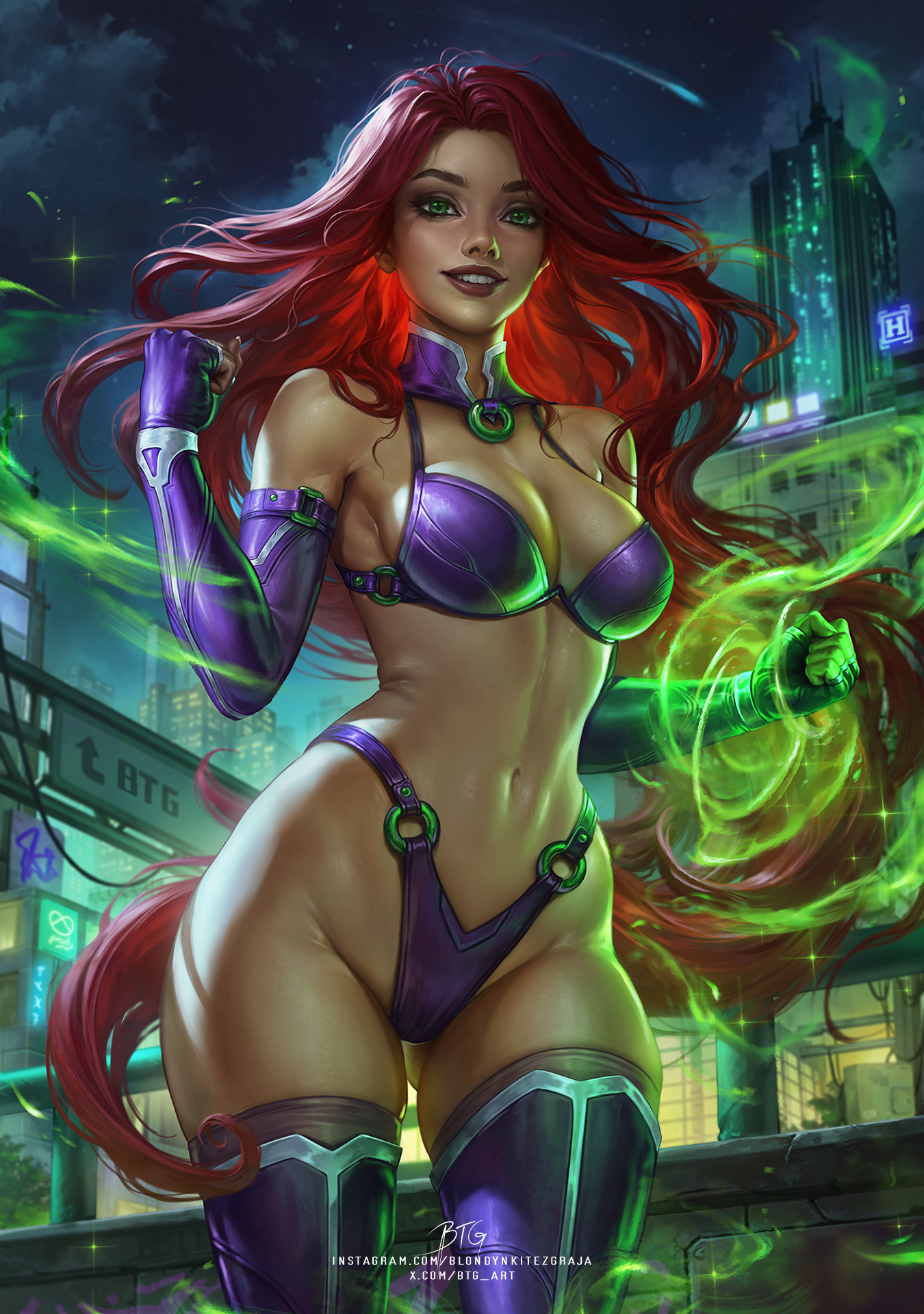 1girls, blondynkitezgraja, btg, btg art, dark-skinned female, dc, dc comics, female, green eyes, red hair, starfire, starfire (teen titans), teen titans