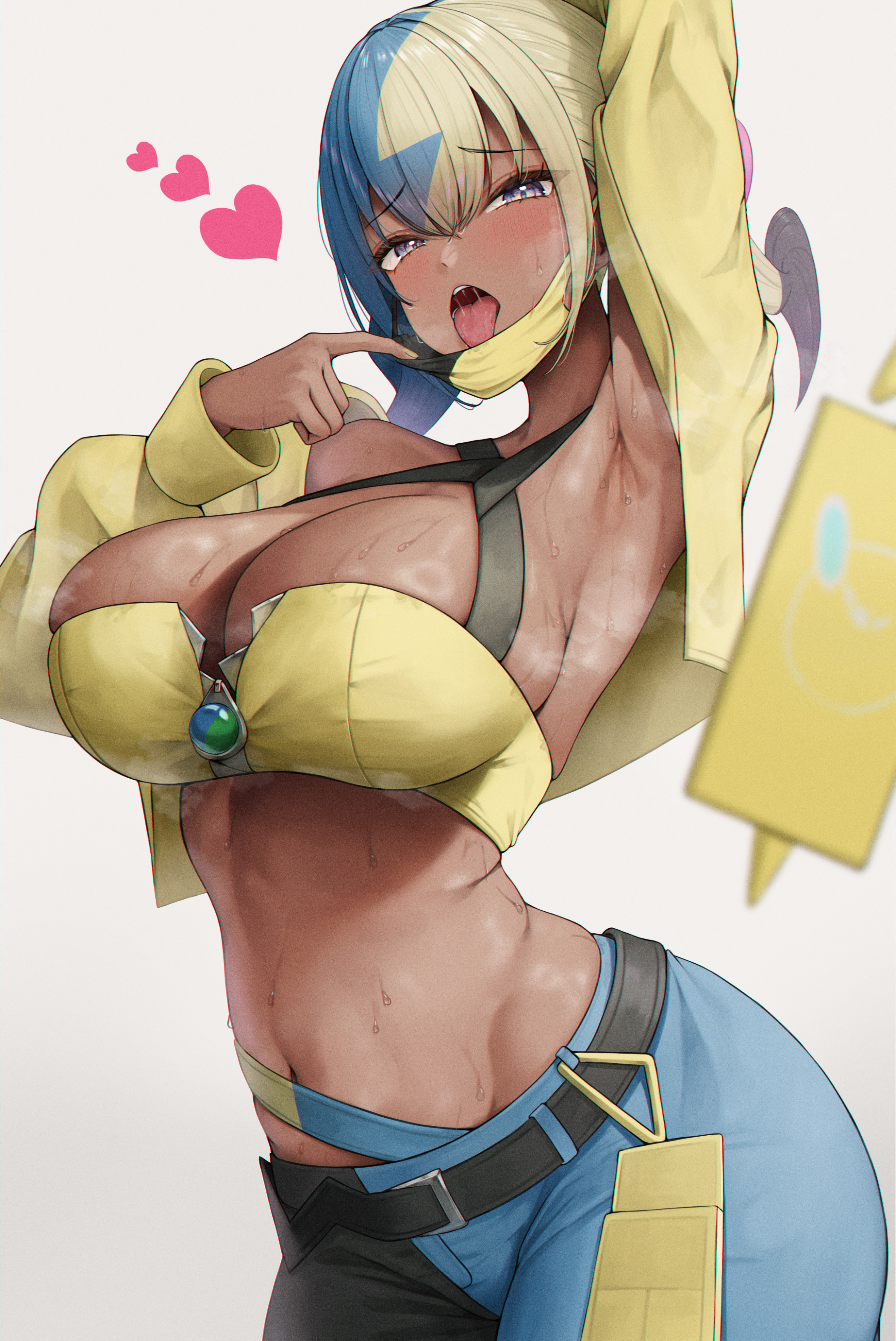 1girls, absurdres, arm up, armpits, bandeau, belt, black belt, black halterneck, blonde hair, blue eyes, blue hair, breasts, bsmage, canari (pokemon), canary (pokemon), criss-cross halter, cropped jacket, dark skin, dark-skinned female, female, game freak, halterneck, heart, highres, jacket, large breasts, looking at viewer, mask, mask pull, midriff, mouth mask, multicolored hair, multicolored mask, multicolored pants, navel, nintendo, pants, pokemon, pokemon legends: z-a, rotom, rotom phone, simple background, solo, split-color hair, stomach, sweat, tongue, tongue out, twintails, two-tone mask, two-tone pants, yellow bandeau, yellow jacket, zipper