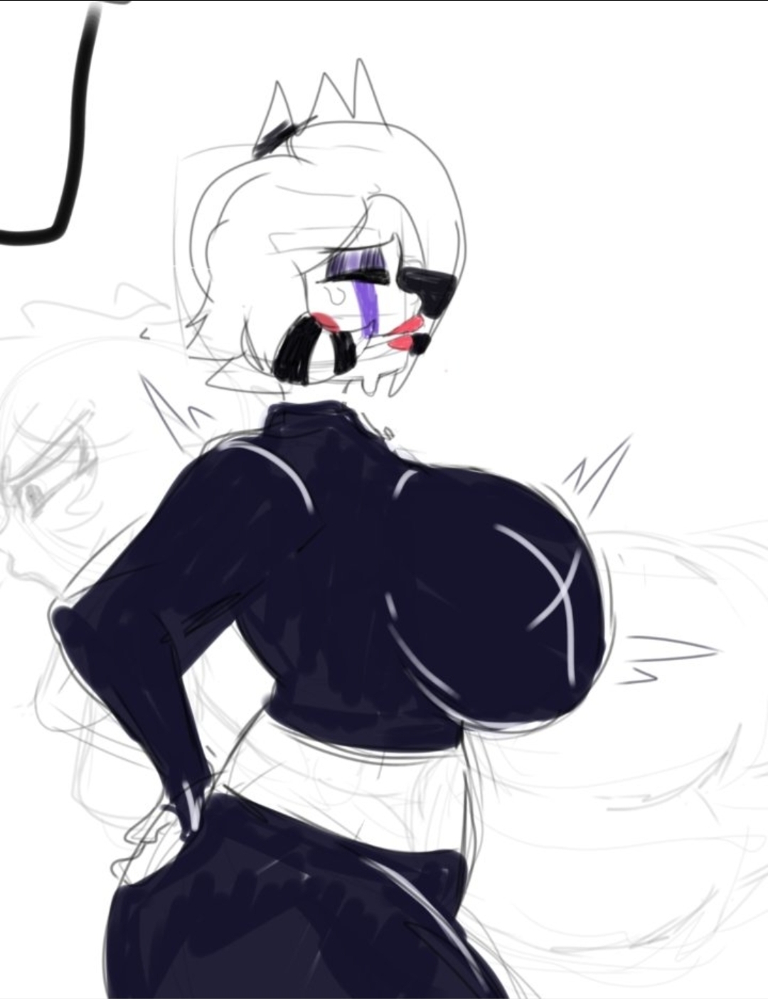 1girls, big breasts, black clothing, breasts, colored, colored sketch, cryptiacurves, fazclaire's nightclub, female, female only, five nights at freddy's, fredina's nightclub, lipstick, marie (cally3d), marie (cryptia), mascara, mature female, puppet (fnaf), sketch, solo, sweat, sweatdrop, sweating, sweaty, tagme, thick thighs, thighs, tired, tired eyes, white body, white hair, white skin