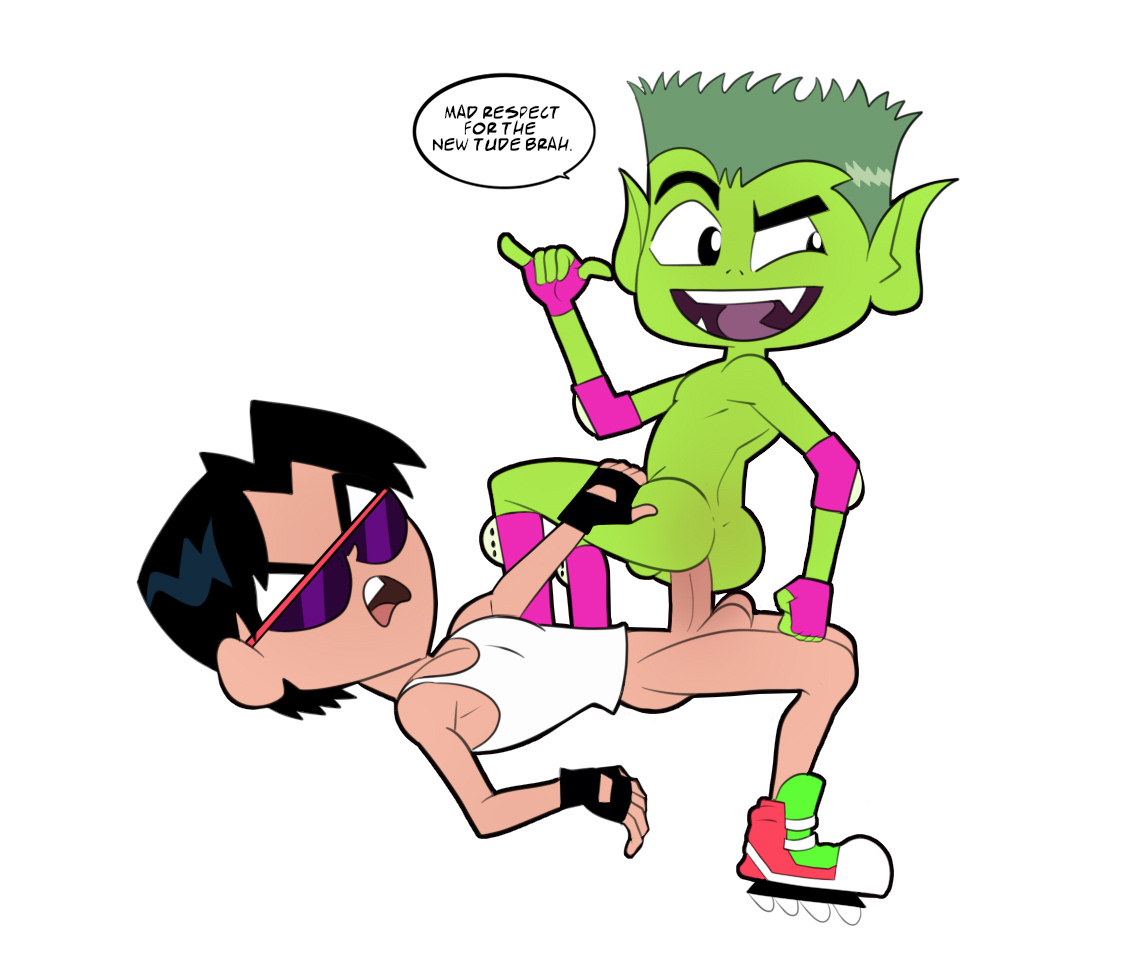 2boys, anal penetration, anal sex, beast boy, black hair, boner, bottomless, dc, dc comics, dick grayson, duo, elbow pads, erection, fingerless gloves, gay, green hair, green penis, green skin, iyumiblue, knee pads, looking back, looking to the side, male, male only, mostly nude, mouth open, penis, robin (dc), robin (dick grayson), robin (teen titans go!), roller skates, sitting on penis, sunglasses, teen titans, teen titans go, teenager, tinted eyewear, yaoi