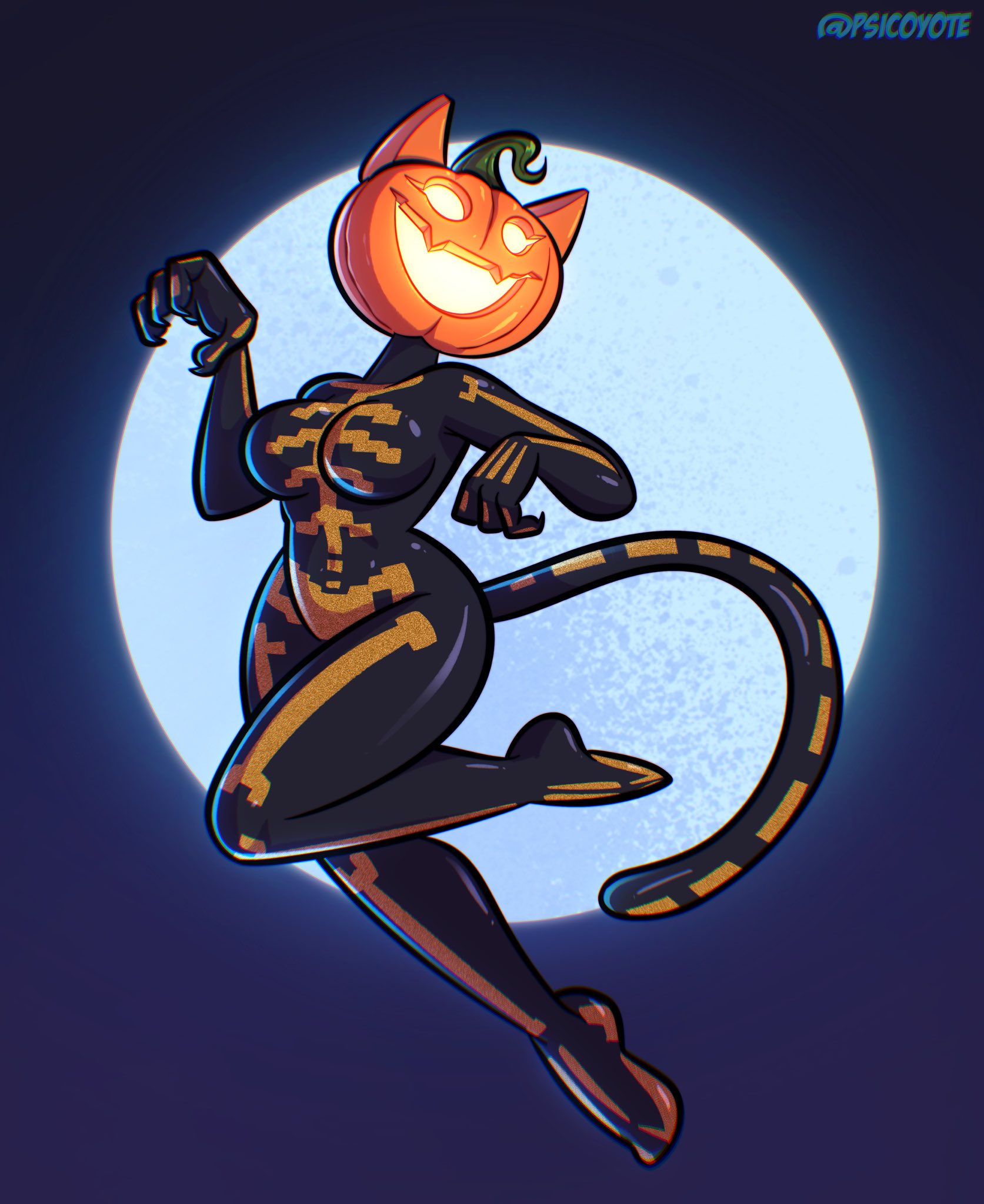 2025, 4 fingers, anthro, bodysuit, breasts, clothing, domestic cat, epic games, felid, feline, felis, female, fingers, for a head, fortnite, glistening, hi res, mammal, moon, object head, psicoyote, pumpkin head, skinsuit, solo, spice (fortnite), tight clothing