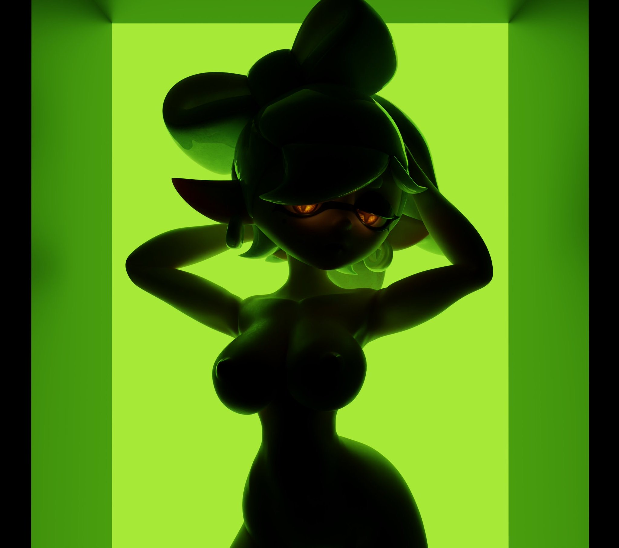 3d, 3d (artwork), 3d model, 3d render, ass, ass visible through thighs, background, big breasts, breasts, breasts out, female, glowing, glowing body, glowing eyes, glowing markings, green background, hands behind head, hourglass figure, inkling, inkling girl, marie (splatoon), marie (wo262), nude, nude female, orange eyes, silhouette, splatoon, splatoon (series), splatoon 2, splatoon 3, tied hair, v nsfw, wo262 (3d model style)