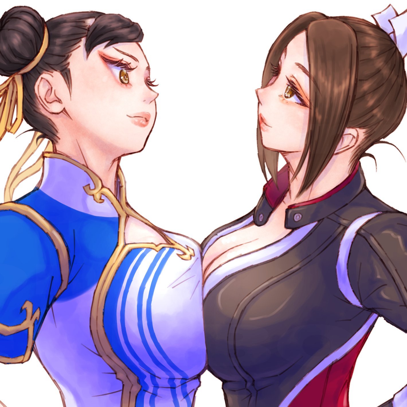 2girls, akiman pose, black jacket, breast press, breasts, brown hair, capcom, chinese clothes, choco sf, chun-li, chun-li (street fighter 6), cleavage, commentary request, crossover, delarocha82, double bun, eyeliner, fatal fury, fatal fury: city of the wolves, female focus, hair bun, highres, jacket, large breasts, mai shiranui, mai shiranui (city of the wolves), makeup, mature, mature female, milf, multiple girls, ponytail, red eyeliner, simple background, snk, street fighter, street fighter 6, symmetrical docking, upper body