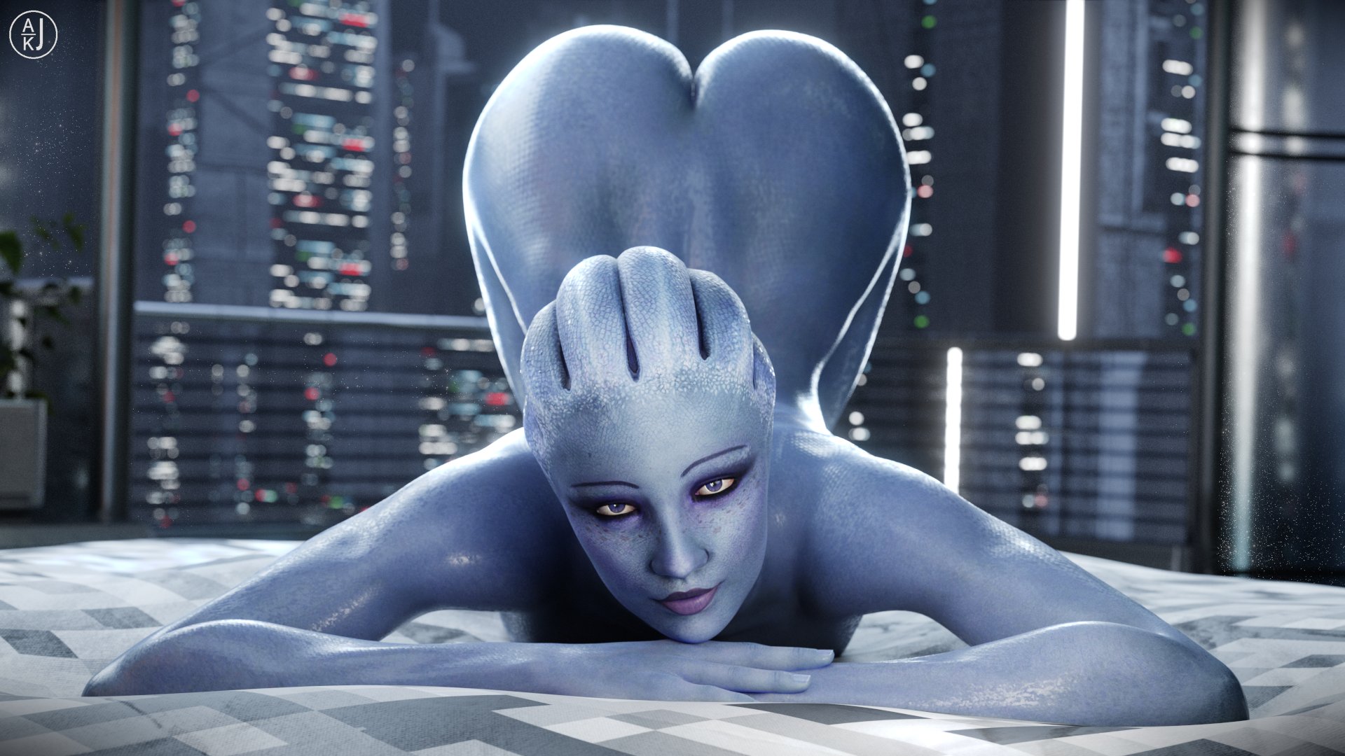 3d, ajkj, alien, alien girl, asari, ass, ass up, bioware, blender, blue skin, face down ass up, female, female only, front view, heart-shaped butt, landscape, liara t'soni, looking at viewer, mass effect, nude, nude female, pose, posing, seductive, seductive look, seductive smile, solo, solo female, wallpaper
