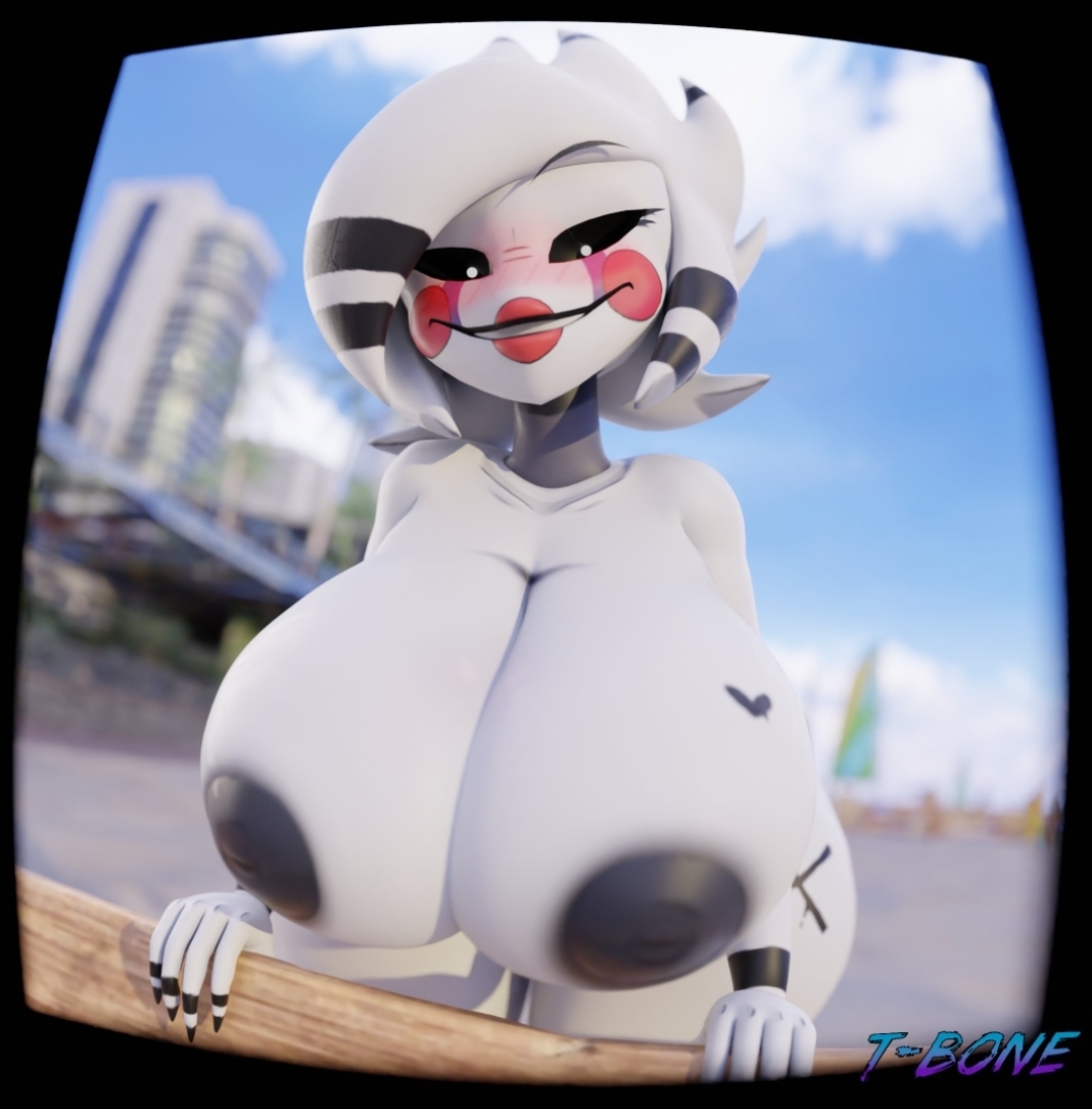 1girls, 3d, 3d (artwork), beach, blush, breasts, cryptiacurves, fazclaire's nightclub, female, female only, five nights at freddy's, fredina's nightclub, marie (cally3d), marionette (fnaf), puppet (fnaf), smiling at viewer, smug, solo, t-bone589, tagme, thick thighs, thighs, white body, white hair, white pupils, white skin