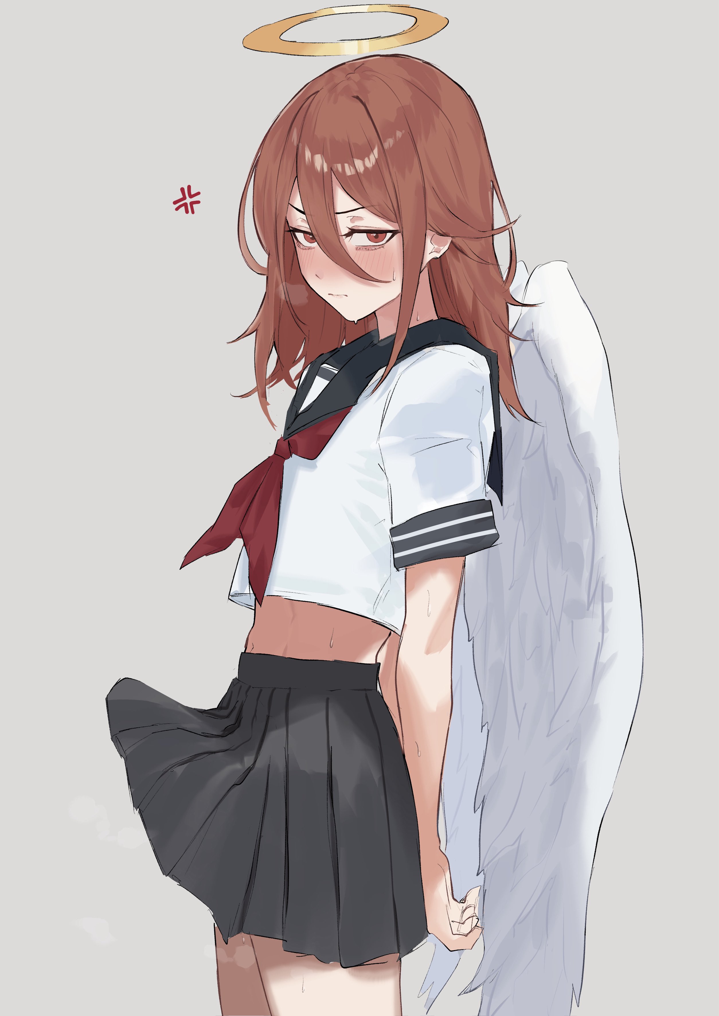1boy, absurdres, angel devil (chainsaw man), angel wings, anger vein, annoyed, arms behind back, black skirt, blue sailor collar, blush, brown eyes, brown hair, bulge, chainsaw man, crossdressing, crossdressing (mtf), dera self, embarrassed, erection, erection under clothes, erection under skirt, femboy, from side, grey background, hair between eyes, halo, highres, long hair, looking at viewer, male, male only, neckerchief, pleated skirt, red neckerchief, sailor collar, shirt, skirt, solo, sweat, trap, white shirt, wings