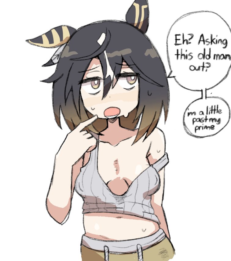 1girls, black hair, blush, breasts, english text, female, female only, gradient hair, hazel eyes, horse ears, horse girl, light skin, light-skinned female, nipple bulge, notnoe (dxcl), off shoulder, sagging breasts, short hair, small breasts, stay gold (umamusume), tank top, umamusume, umamusume pretty derby, we like older women