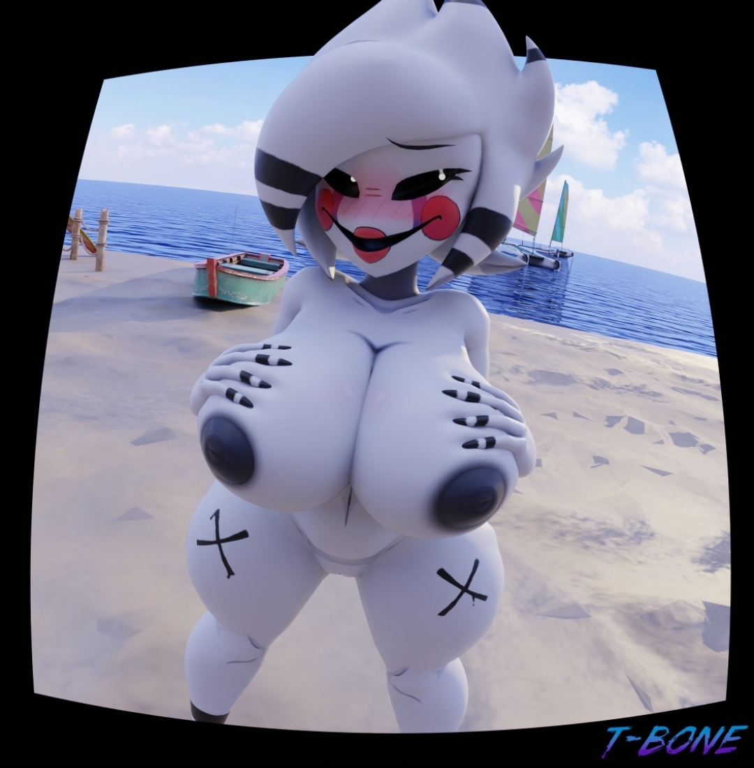 1girls, 3d, 3d (artwork), artist name, background, beach, beach background, big breasts, black border, black nipples, blush, breasts, completely nude, completely nude female, cryptiacurves, curvy, curvy female, curvy figure, embarrassed, embarrassed nude female, fazclaire's nightclub, female, female only, five nights at freddy's, fredina's nightclub, front view, grabbing own breast, hand on breast, hands on breasts, huge breasts, looking away, marie (cally3d), marionette (fnaf), nipples, nude, nude female, outdoors, public, public nudity, puppet (fnaf), sea, sky, smile, smiling at viewer, smug, solo, t-bone589, thick thighs, thighs, voluptuous, voluptuous female, water, white body, white hair, white pupils, white skin, wide hips