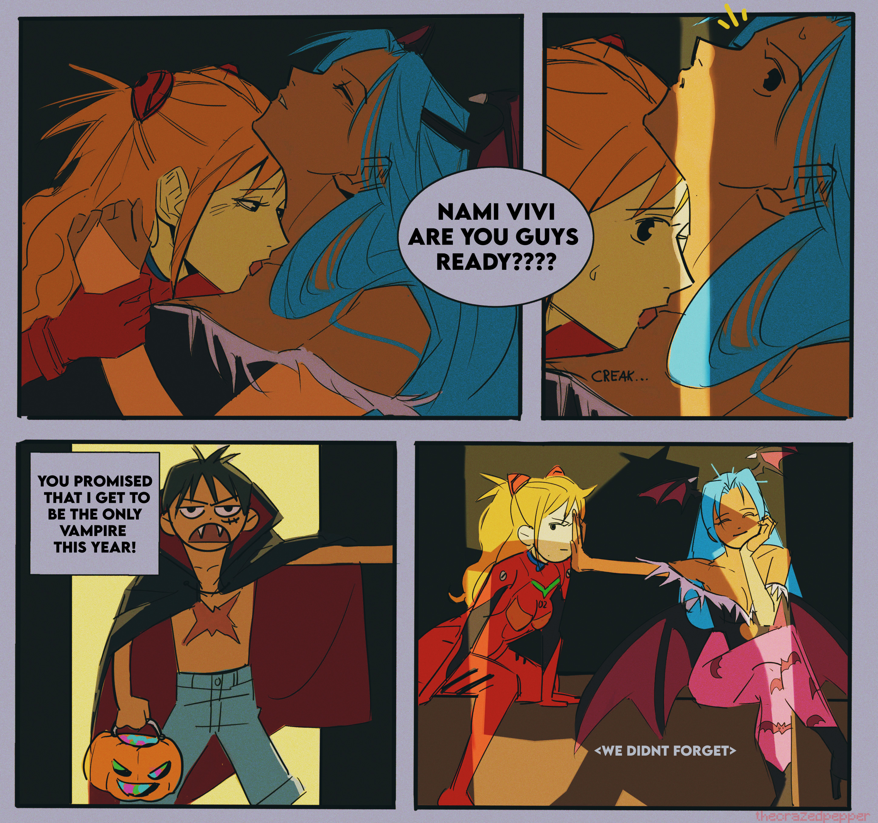 1boy, 2girls, asuka langley sohryu (cosplay), blue hair, cosplay, dark-skinned female, darkstalkers, female, halloween, head wings, licking neck, male, monkey d luffy, morrigan aensland (cosplay), multiple females, multiple girls, nami (one piece), nefertari vivi, neon genesis evangelion, one piece, orange hair, souryuu asuka langley (cosplay), sucking neck, thecrazedpepper, vampire costume, wings, yuri