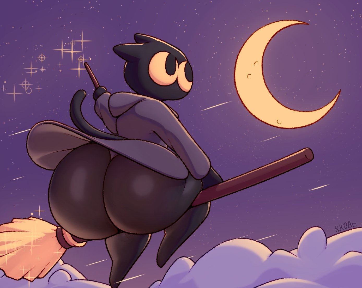 anthro, ass, big ass, big butt, black body, black fur, bottom heavy, broom, bubble ass, bubble butt, cleaning tool, clothed, clothing, domestic cat, felid, feline, felis, female, fur, furry, furry only, google, google doodle, huge ass, huge butt, kkoart, magic cat academy, magic wand, mammal, momo (google), moon, shortstack, solo, tail, thick thighs, thong, topwear, underwear, wide hips