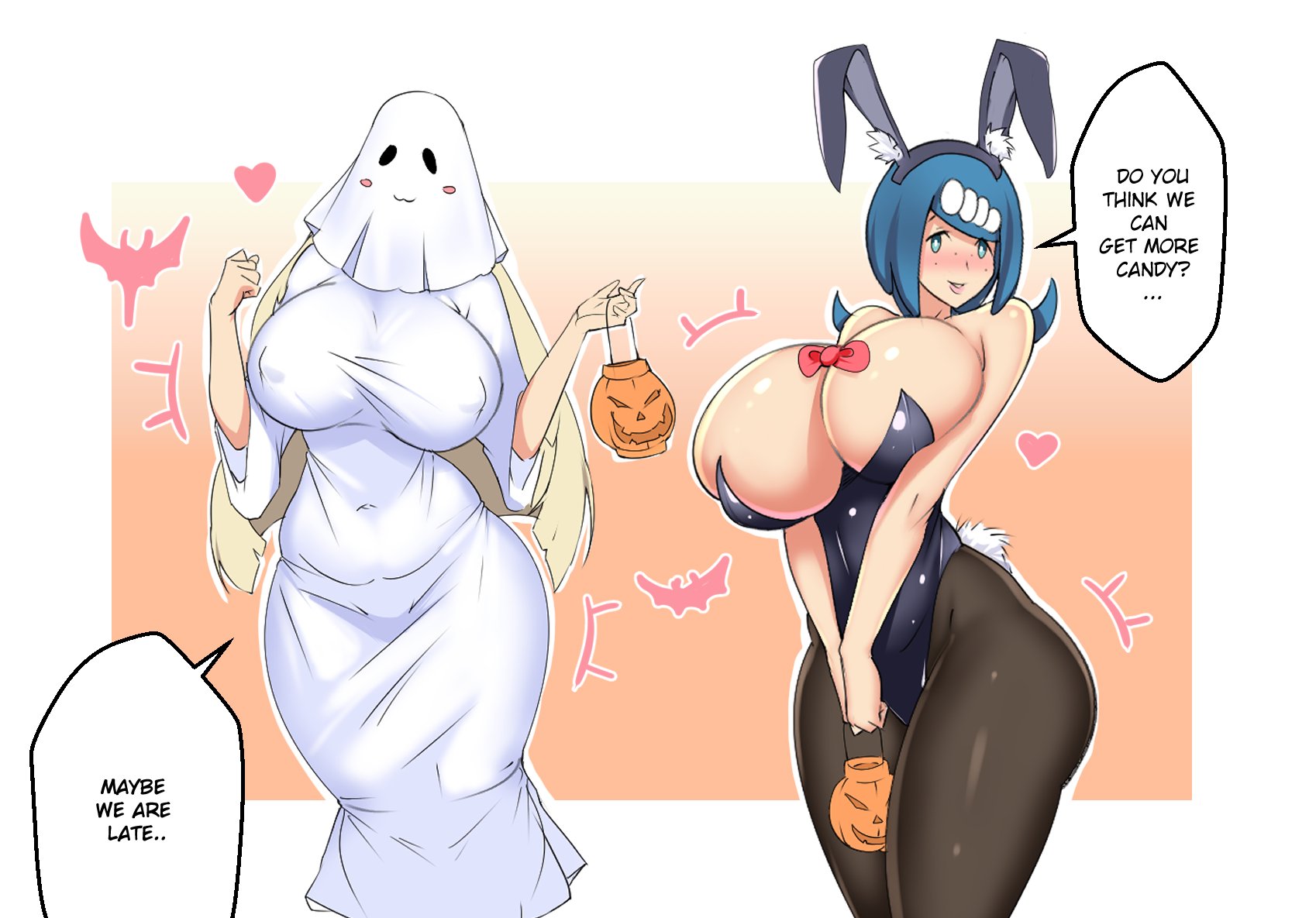 2girls, big breasts, black bunnysuit, blonde hair, blue eyes, blue hair, breasts, bunny ears, bunny tail, bunnysuit, english, english text, fake animal ears, fake tail, female, female only, freckles, freckles on face, game freak, ghost costume, hair, halloween, halloween bucket, halloween costume, heart, hips, holding object, huge breasts, lana's mother (pokemon), leggings, legwear, long hair, lusamine (pokemon), mangakay84, mature, mature female, mature woman, milf, mother, motion lines, nintendo, nipple bulge, pokemon, pokemon sm, speech bubble, tail, text, thick thighs, thighs, wide hips