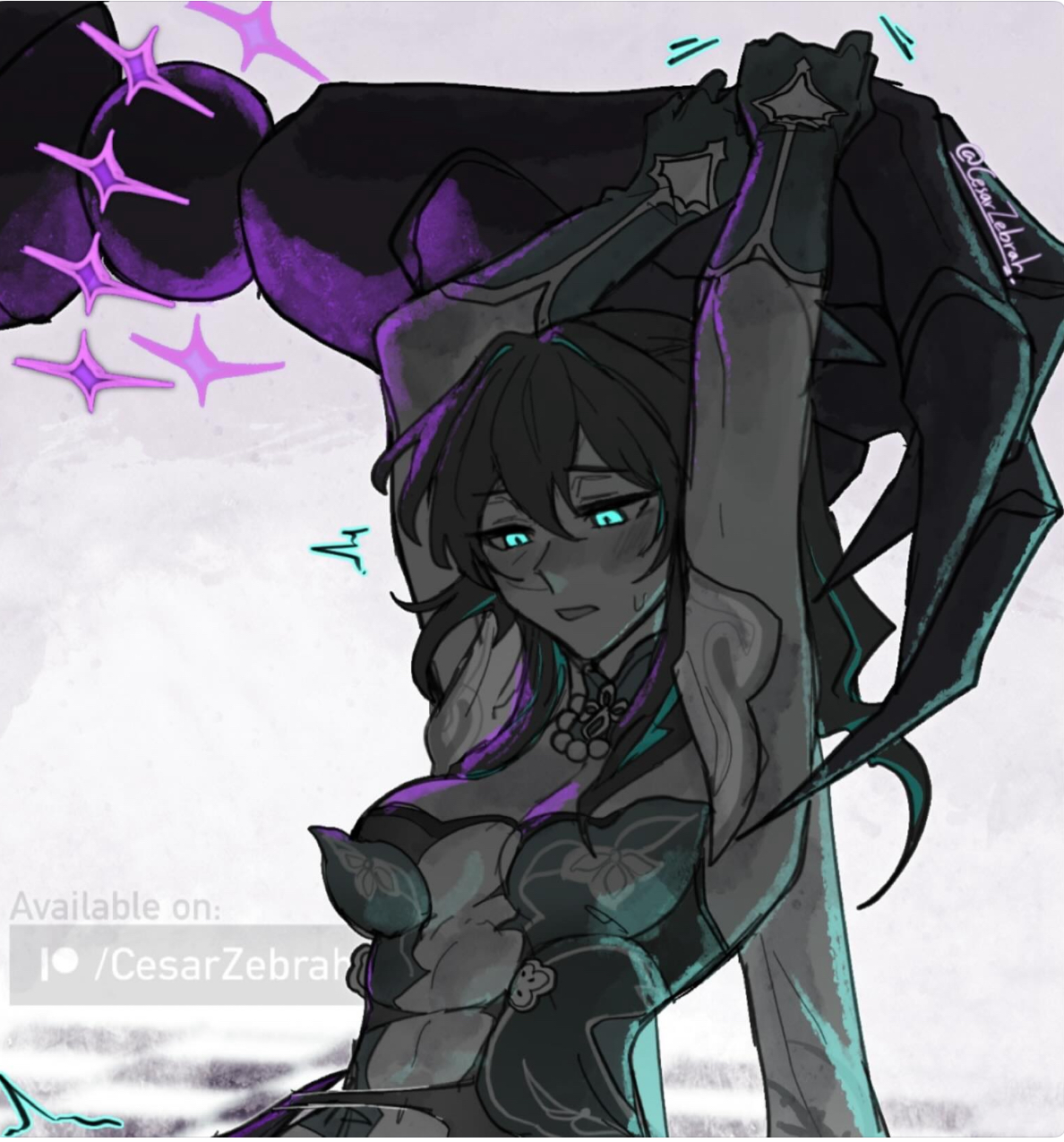 2girls, armpits, arms up, blush, cesarzebrah, female, held up, herta (honkai: star rail), honkai: star rail, irontomb (honkai: star rail), monster, ruan mei (honkai: star rail), rubert the third (honkai: star rail), sweatdrop, the herta (honkai: star rail), torn clothes