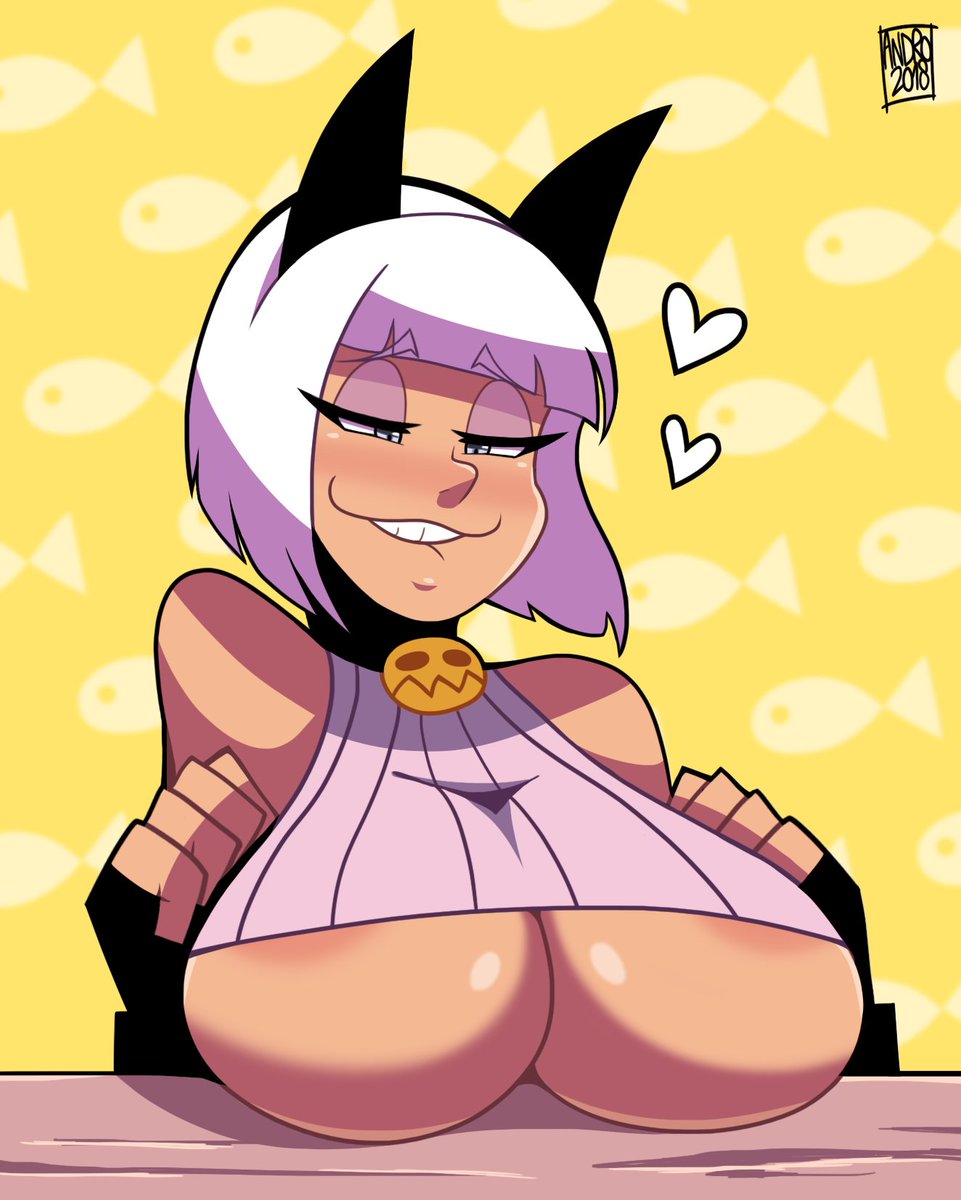 <3, 1girls, 2018, androjuniarto, areola, areola slip, areolae, areolae slip, aroused, big breasts, biting lip, black collar, black gloves, blue eyes, blush, blushing, bob cut, breasts, busty, cat bell, cat ears, cat girl, catgirl, choker, cleavage, clothing, collar, crop top, dark skin, dark-skinned female, dated, eyelashes, eyeshadow, female, female only, fingerless gloves, fully clothed, gloves, half-closed eyes, highres, horny, huge breasts, large breasts, looking down, nadia fortune, short hair, signature, skimpy, skimpy clothes, skullgirls, solo, underboob, video game, video games, voluptuous, white hair, yellow background