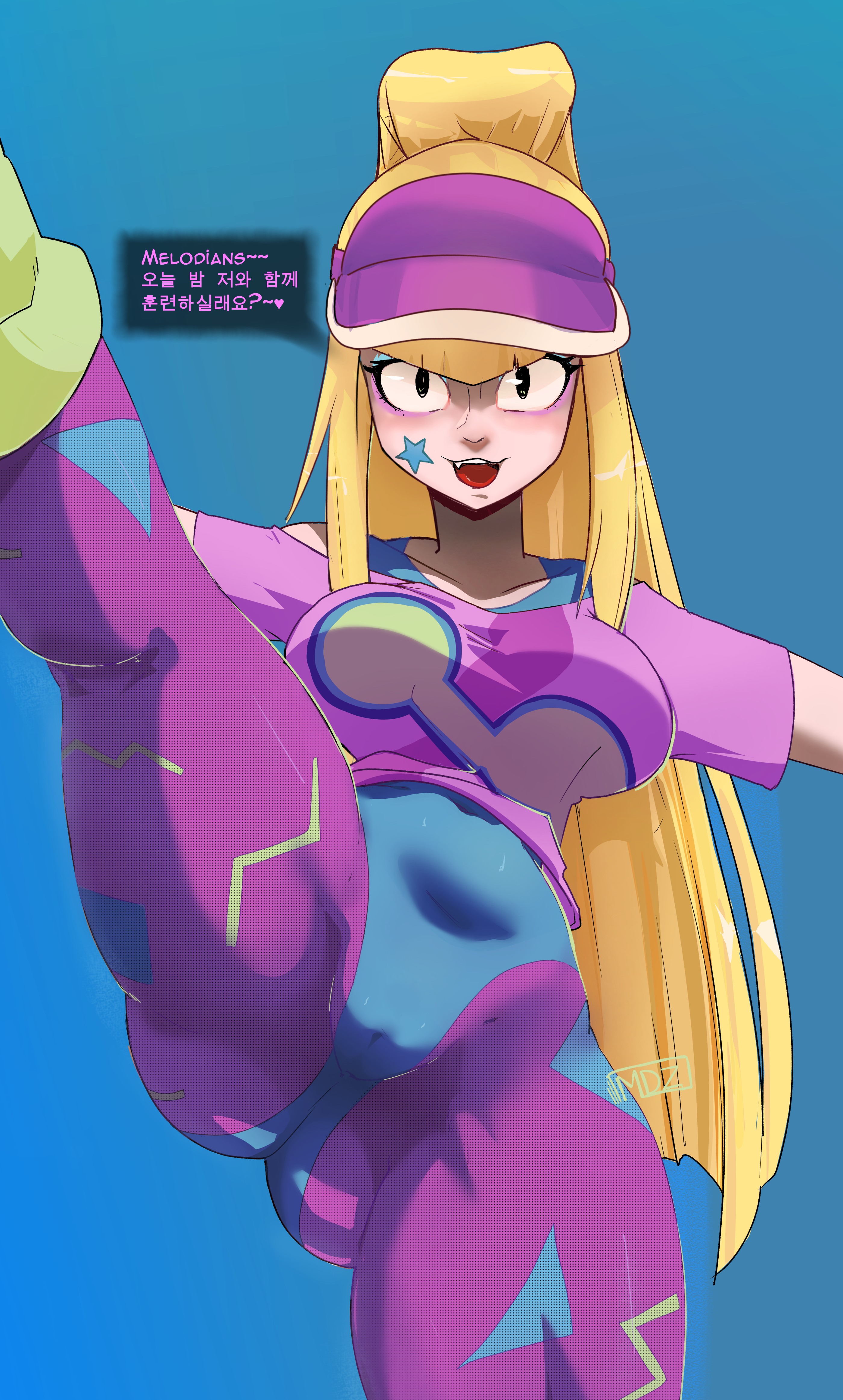 :3, 1girls, absurd res, artist logo, artist signature, artist upload, ass, ass bigger than head, ass crack, big ass, big breasts, big butt, black eyes, blonde female, blonde hair, blondie, blush, brawl stars, breasts, butt crack, buttocks, cap, cheeks, curvy, curvy female, curvy figure, fang, fangs, female, female only, hat, hd, highres, korean, korean female, korean language, korean text, leg up, leg warmers, legs, long hair, loose shirt, makeup, mayodeoz, melodie (brawl stars), pink clothing, pink text, ponytail, pump it melodie (brawl stars), pussy, pussy peek, simple background, smile, smile at viewer, smiling, smiling at viewer, spandex, stretching, stripped socks, text, thicc thighs, thick ass, thick hips, thick legs, thick thighs, thighs, thunder thighs, tummy, tummy bulge, vagina, yoga, yoga pants