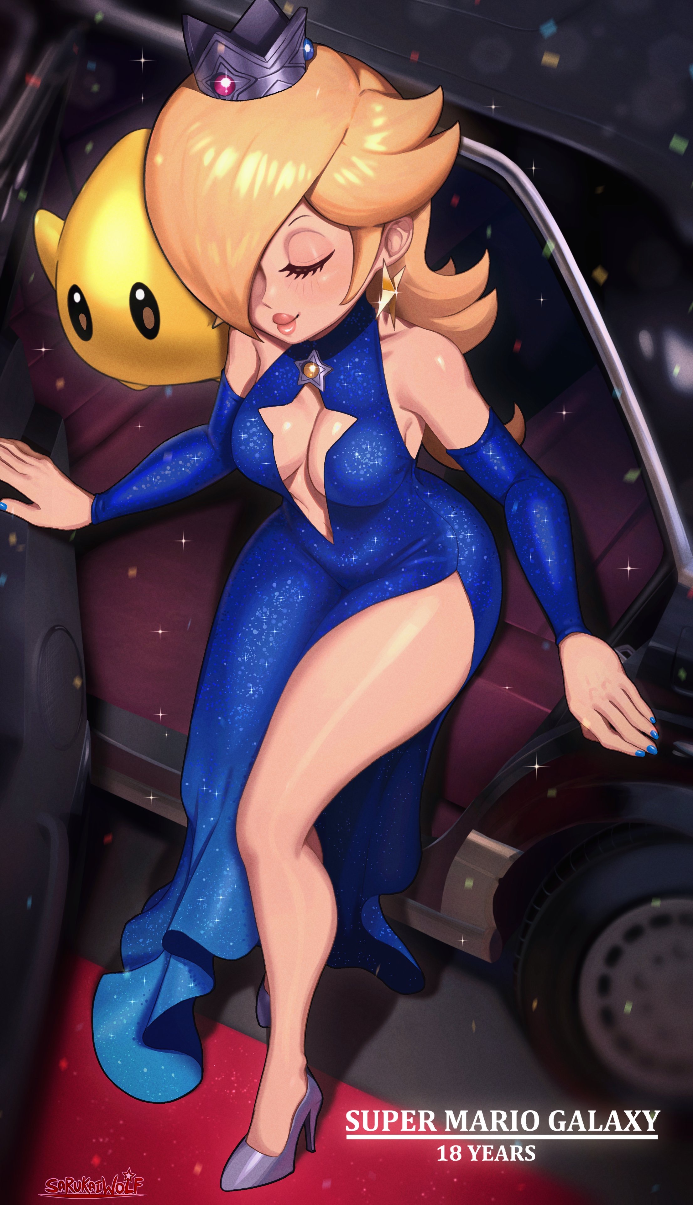 1girls, absurdres, alternate costume, bare shoulders, bimbo, blonde hair, blue dress, blue nails, blush, breasts, car, cleavage, cleavage cutout, closed eyes, closed mouth, clothing cutout, confetti, crown, detached sleeves, dress, earrings, female, hair over one eye, high heels, highres, jewelry, large breasts, limousine, long hair, long sleeves, luma, mario (series), motor vehicle, nintendo, princess rosalina, red carpet, rosalina, sarukaiwolf, side slit, sleeveless, sleeveless dress, smile, star (symbol), star earrings, starry night dress (sarukaiwolf), stomach cutout, super mario bros., super mario galaxy, thighs