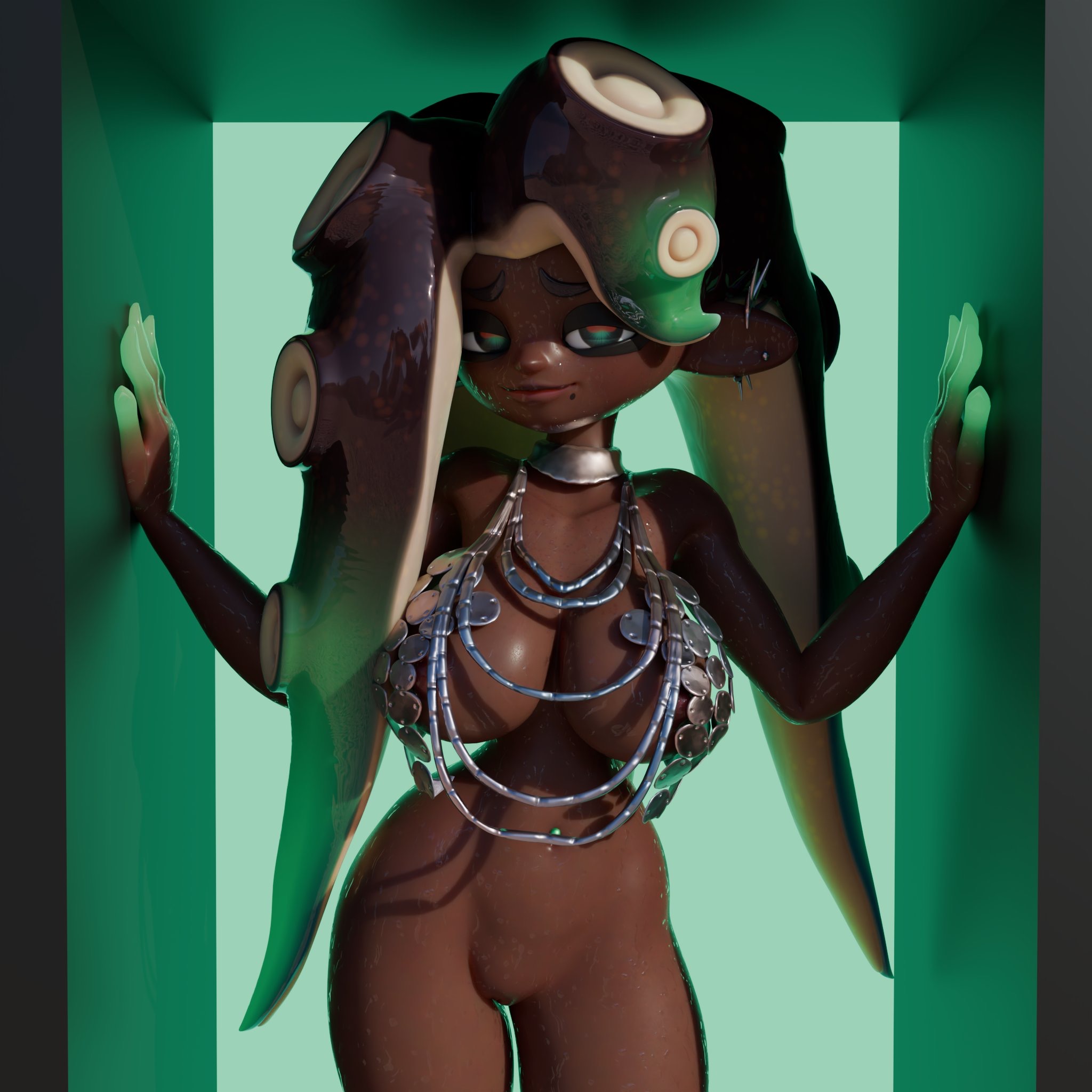 3d, 3d (artwork), 3d model, chest plates, dark body, dark room, dark skin, dark-skinned female, exposed, exposed ass, exposed pussy, exposed torso, female, glowing, glowing eyes, glowing hair, glowing markings, grand festival (splatfest), green background, green eyes, green hair, hourglass figure, jewelry, looking at viewer, marina (grand festival), marina (splatoon), marina (wo262), model, navel piercing, nintendo, octoling, octoling girl, partially clothed, presenting, pussy, revealing, splatfest, splatoon, splatoon (series), splatoon 2, splatoon 3, tentacle, tentacle hair, v nsfw, wide hips, wide thighs, wo262 (3d model style)