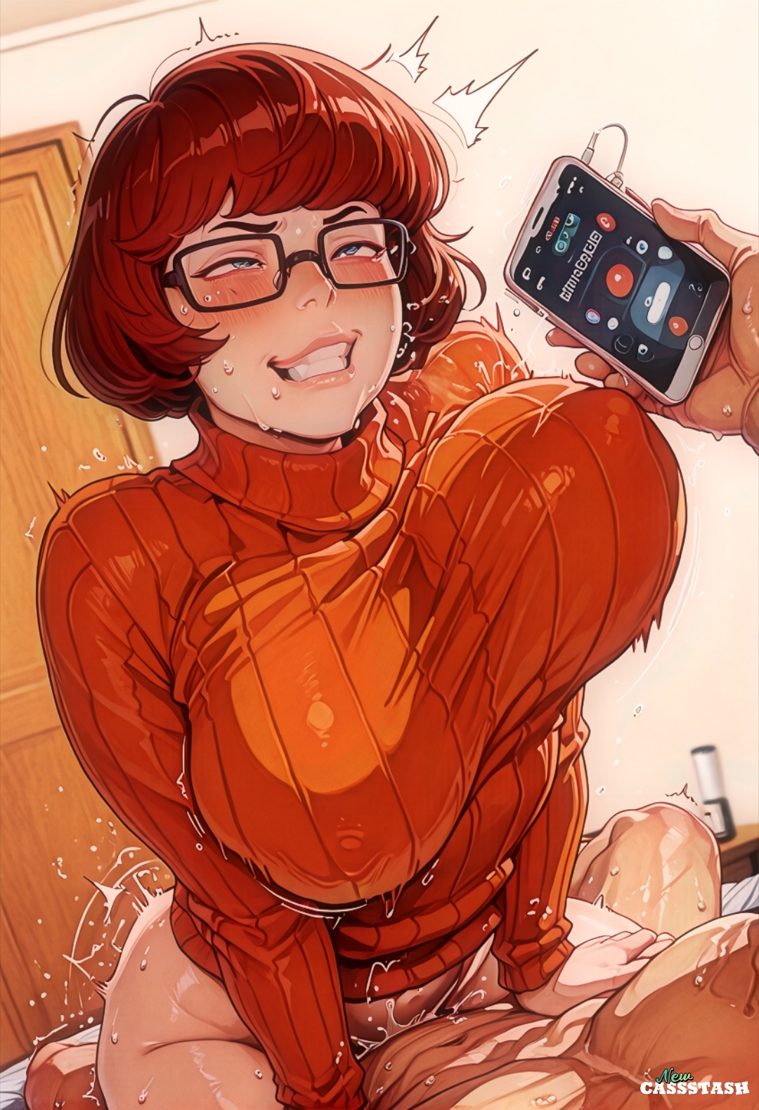 ai art, ai generated, alternate breast size, bedroom, blush, bouncing breasts, breasts, cellphone, cum, cum in pussy, cum splatter, female, glasses, large breasts, male, motion lines, nerdy female, nstash, orgasm face, penis, pleasure face, pussy, riding penis, rolling eyes, scooby-doo, tremble lines, tremble spikes, trembling for pleasure, velma dinkley